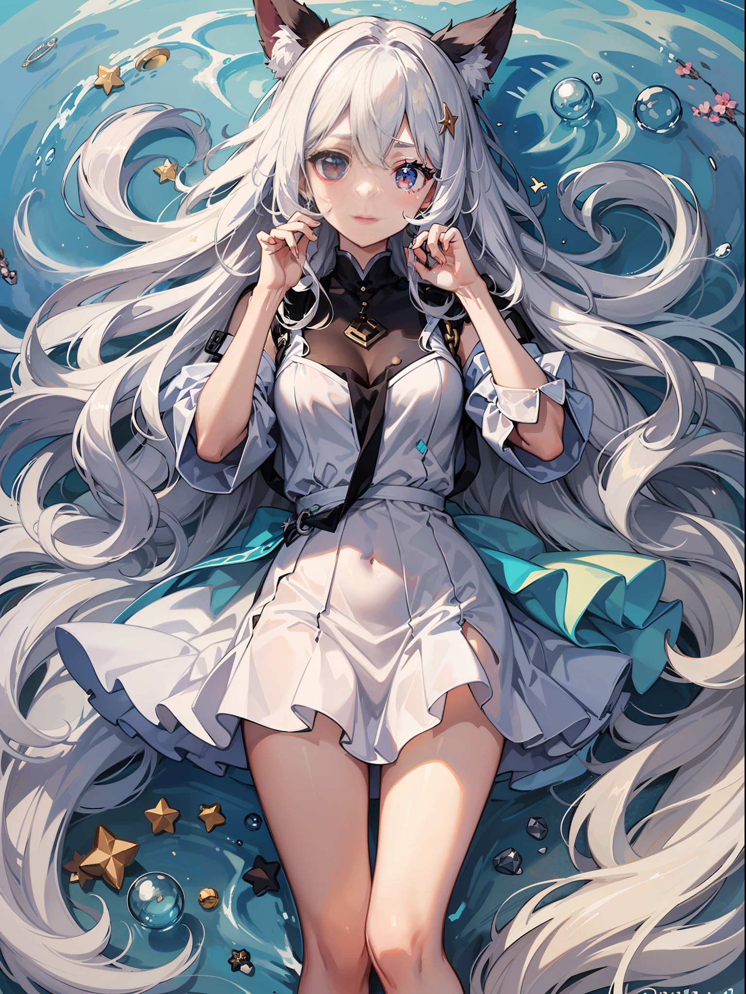 best qualitiy，杰作，8k，extra detail，。（（1girls）），（whitehair，Wavy，long haired，Curly double tail），redeyes，Side face，（（（a whole body）），white  dress，（White coat），clong legs，A barefoot，。（（sitimetalcage）），Prismatic metal cage，Hold a black key