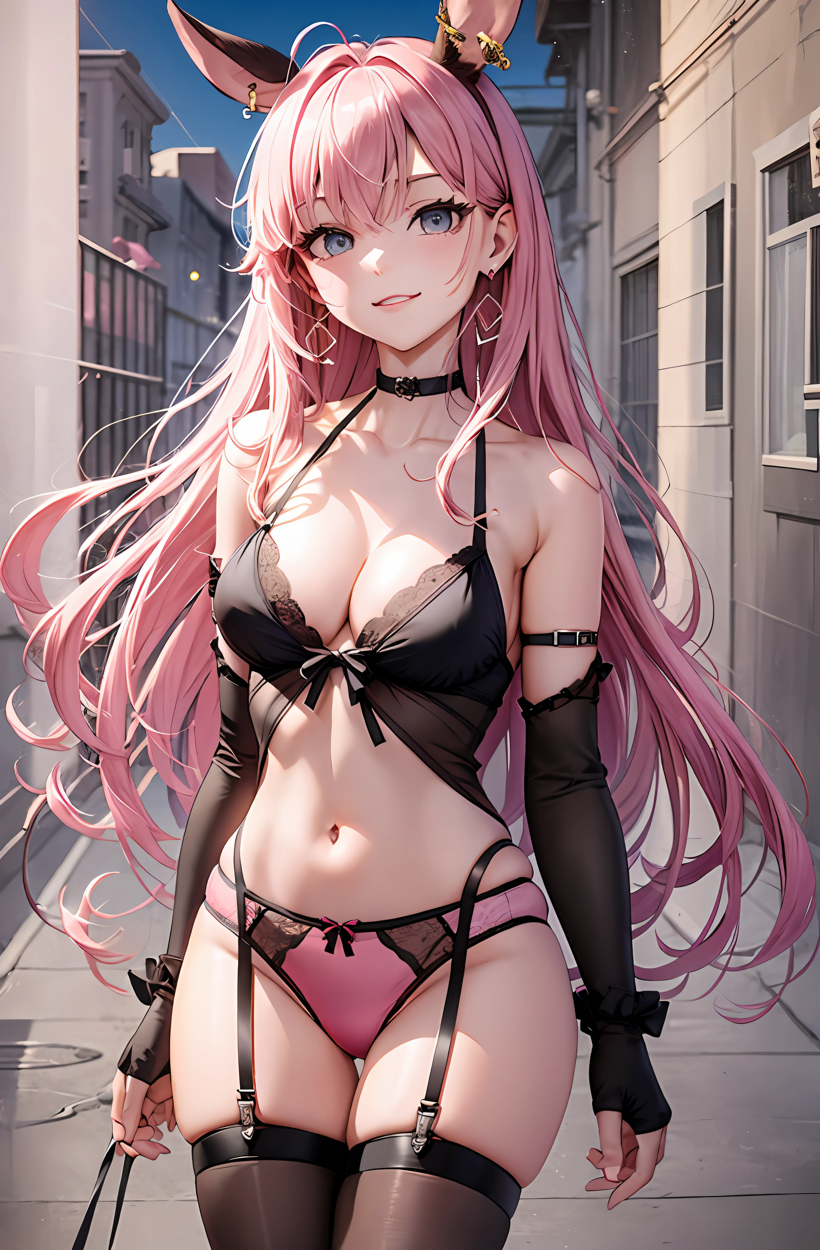 Portrait Art 15。Pink hair。long haired。preated skirt。Camisole。D cups。Cleavage small breasts:1.5。ear ring。Heart-shaped chest。Happy look。Before Donkey。gusts of wind:1.5。pantiy、Cute string panties