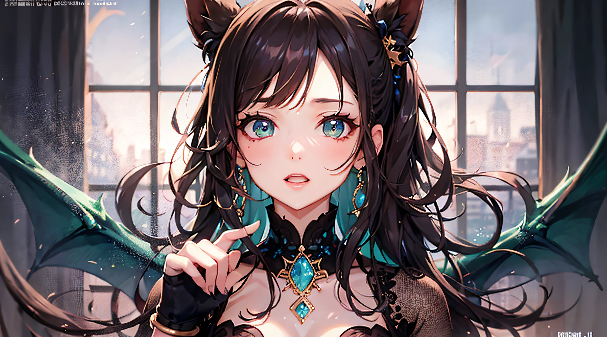 （best qualitiy： 1.3）， （杰作： 1.3）， （ultra detaile： 1.3）， （wall paper， 1girls， 独奏， L'Officiel， brown  hair， Dragon's horn， Long tail， Big wings， pony-tail， hair ornament， Green eyes， Red Eyeshadow， jewelries， Separate the sleeves， mediuml breasts， puled up dress， bangle： 1.1）， （[Diamond：1.3|The eye]：1.2）， （[opals：1.9|Gradient_Hair：1.3]：1.2）， （Hair dripping：1.25）， （Detailed hands and fingers：0.9），，TBCC illustration，（Detailed ultra-oily radiant skin：1.1），（[wet​：0.8|Slimed]），