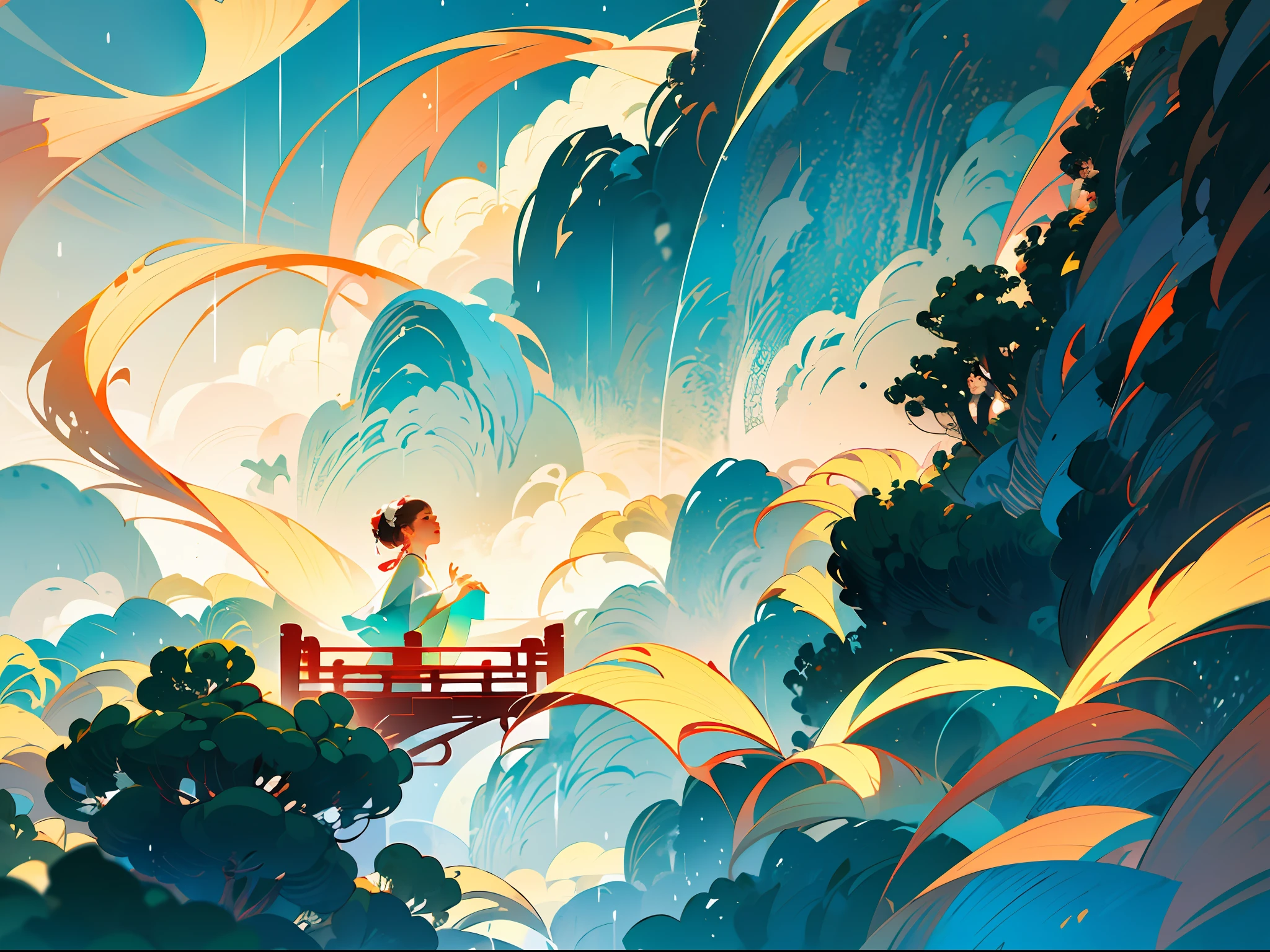(Chinese landscape), abstract painting, (Zen, Amy Sol style), (spring, rainy days, terraces, mountains), cover art with light abstraction, simple vector art, contemporary Chinese art, color gradients, soft color palettes, layered forms, whimsical animation, style Ethereal abstract, 4K, --v6