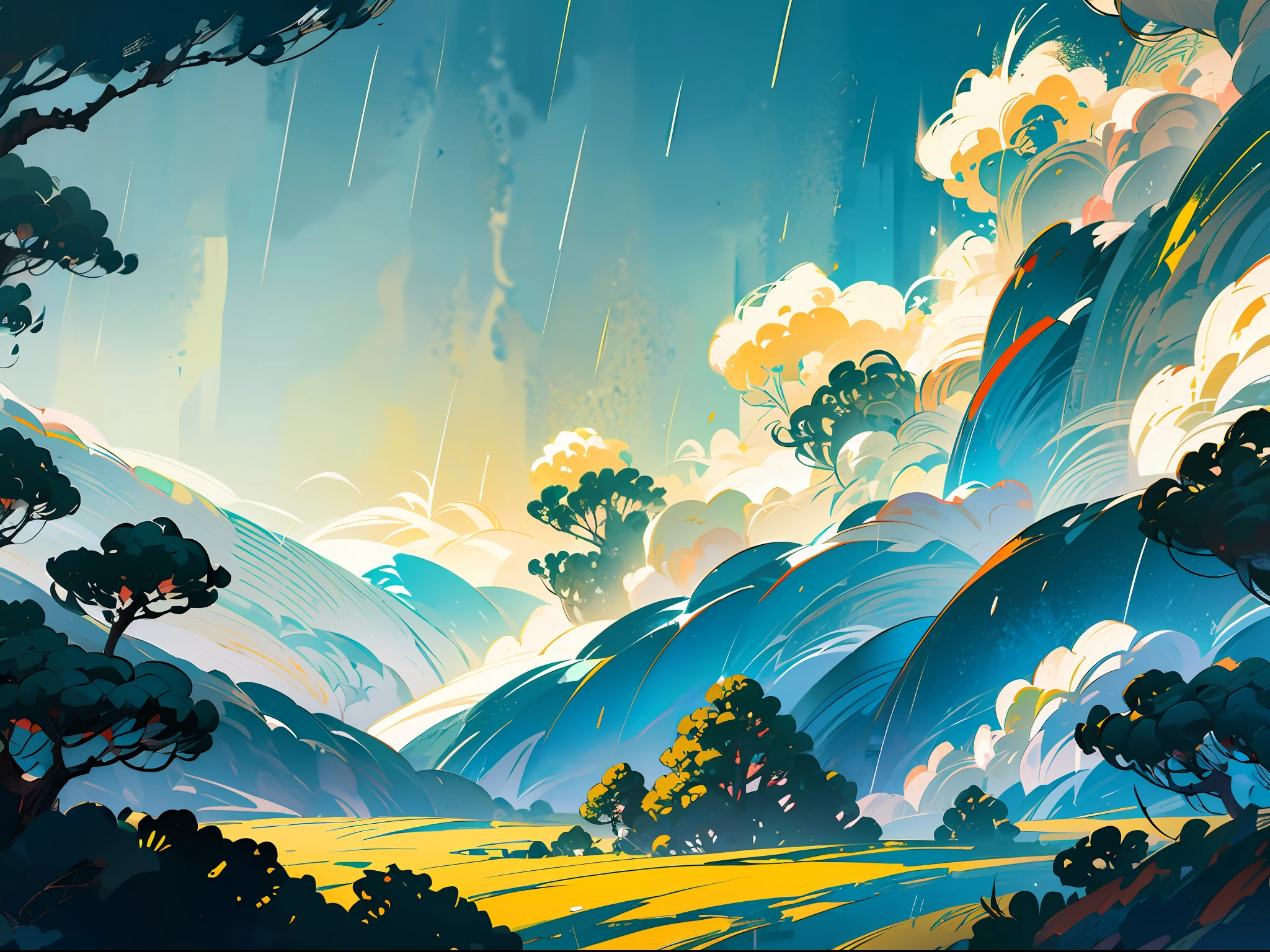 (Chinese landscape), abstract painting, (Zen, Amy Sol style), (spring, rainy days, terraces, mountains), cover art with light abstraction, simple vector art, contemporary Chinese art, color gradients, soft color palettes, layered forms, whimsical animation, style Ethereal abstract, 4K, --v6