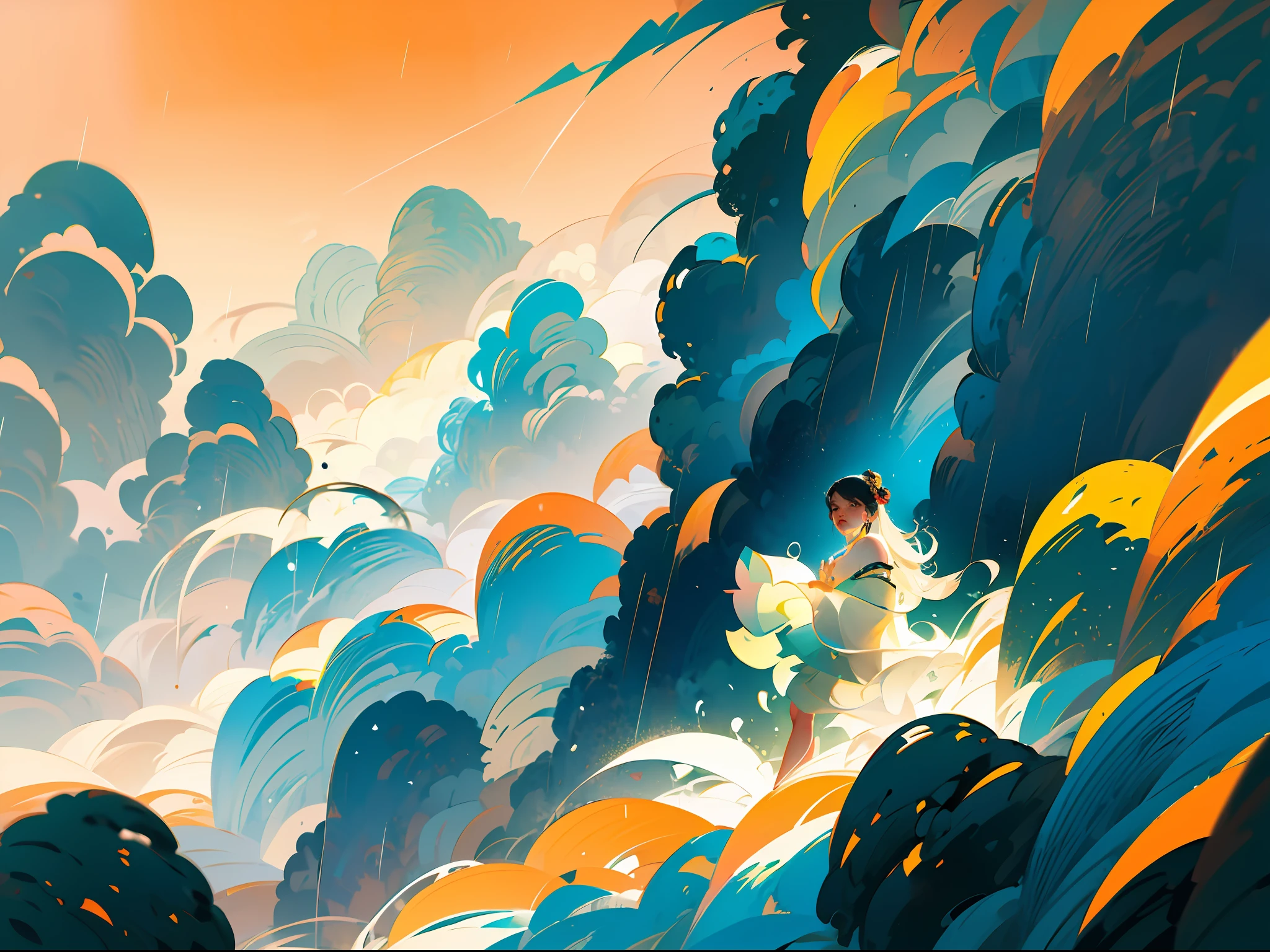 (Chinese landscape), abstract painting, (Zen, Amy Sol style), (spring, rainy days, terraces, mountains), cover art with light abstraction, simple vector art, contemporary Chinese art, color gradients, soft color palettes, layered forms, whimsical animation, style Ethereal abstract, 4K, --v6