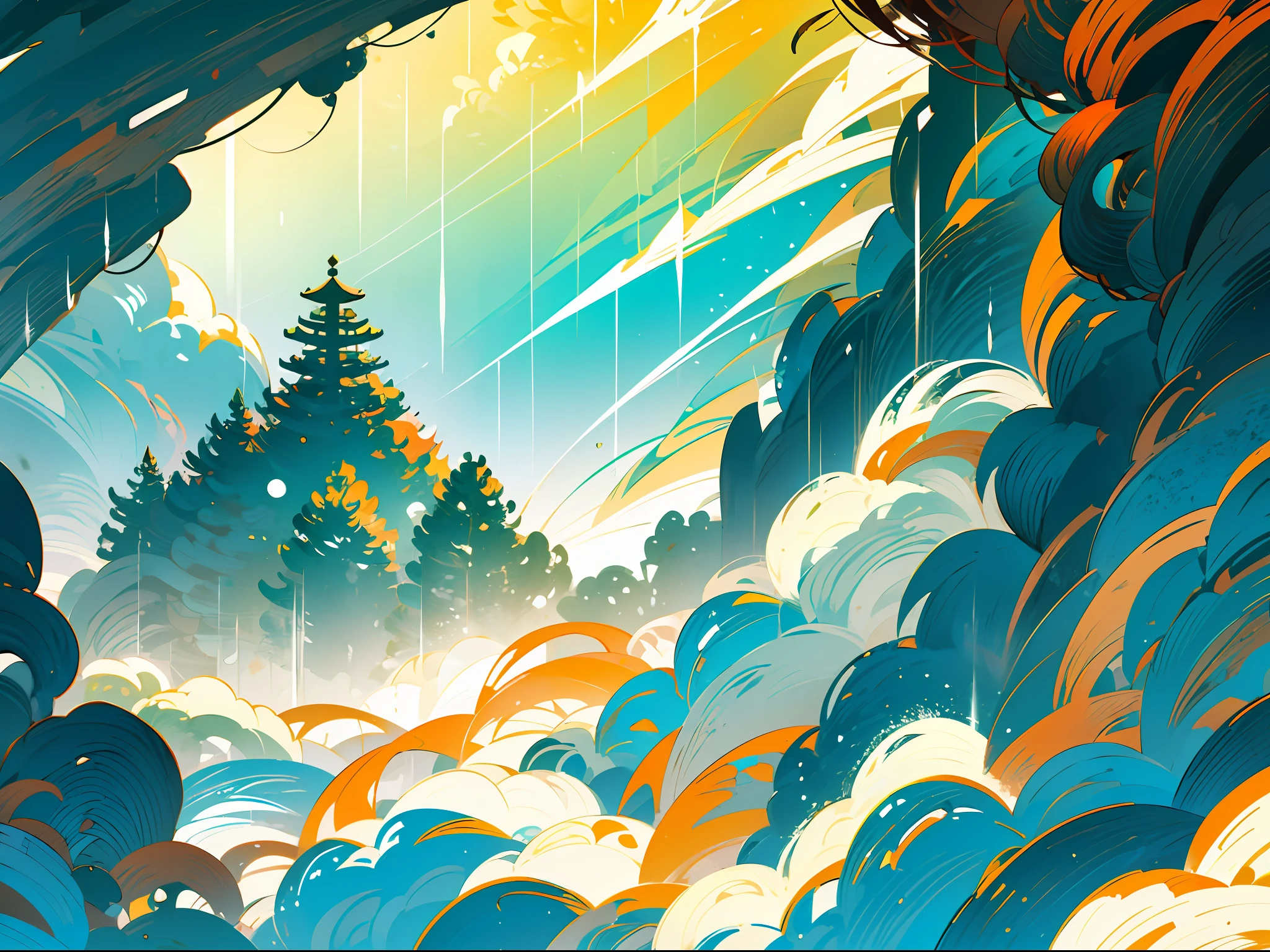 (Chinese landscape), abstract painting, (Zen, Amy Sol style), (spring, rainy days, terraces, mountains), cover art with light abstraction, simple vector art, contemporary Chinese art, color gradients, soft color palettes, layered forms, whimsical animation, style Ethereal abstract, 4K, --v6