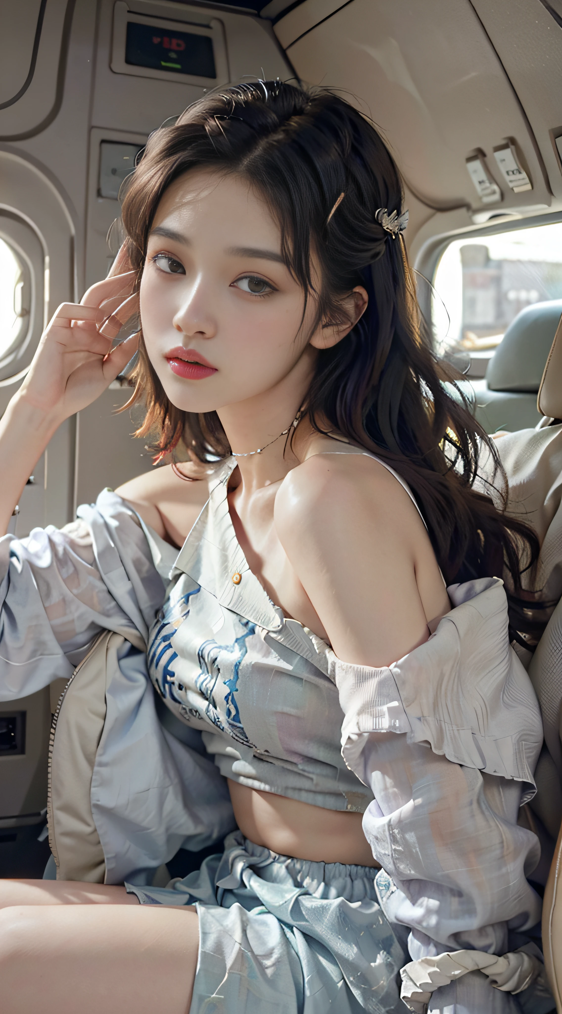 (from the outside) the best quality, masterpieces, realistic photos, intricate details, original photos, off work, home, on a private jet, it's raining outside, hoodies, colorful hair, extra-long hair, off-the-shoulders, feather hair accessories,
