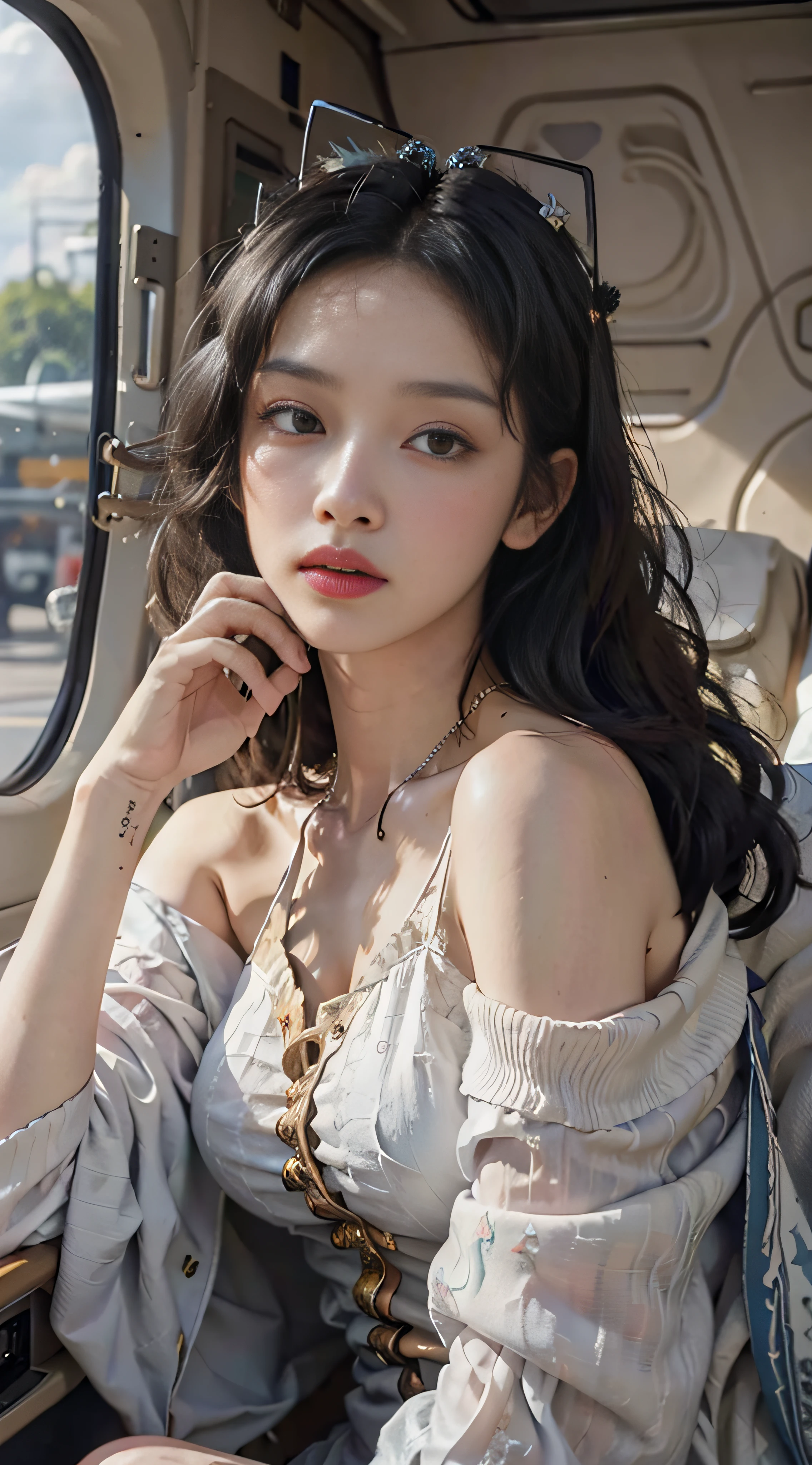 (from the outside) the best quality, masterpieces, realistic photos, intricate details, original photos, off work, home, on a private jet, it's raining outside, hoodies, black hair, extra-long hair, off-the-shoulders, feather hair accessories,