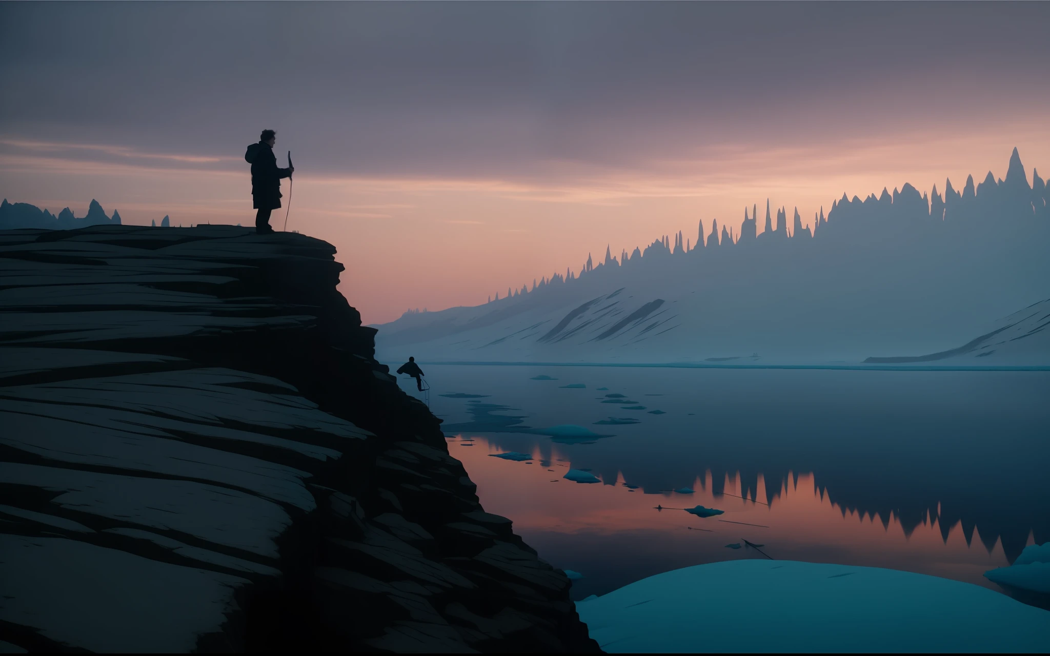 There was a man standing on a cliff,Overlooking the frozen lake, stunning moody cinematography, the movie《befall》Still, shot from danis villeneuve movie, great composition cinematic, denis villeneuve cinematography, atmospheric cool colorgrade, 2 0 2 1 cinematic 4 k framegrab, ps5 cinematic screen capture, inspired by roger deakins, great cinematography