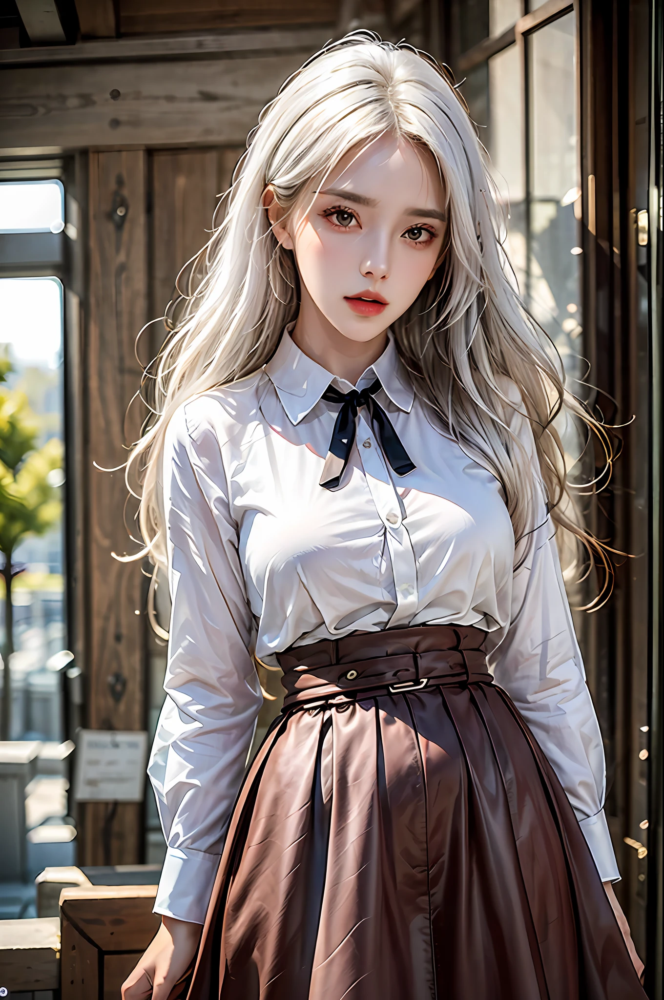 best quality, masterpiece, ultra-detailed, detailed light, (RAW photo:1.2), (photorealistic:1.4),(masterpiece:1.3),(best quality:1.4), dramatic lightning, 1girl, solo, look at viewer, waist up, white hair, wavy hair, long hair, collared shirt, skirt, fashion accessor