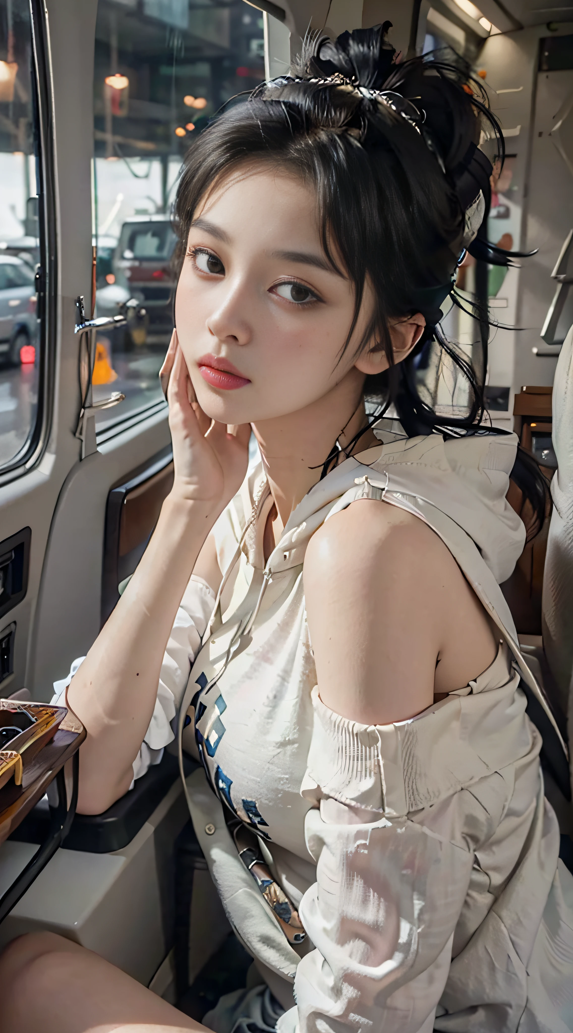 (from the outside) the best quality, masterpieces, realistic photos, intricate details, original photos, off work, home, on a private jet, it's raining outside, hoodies, black hair, extra-long hair, off-the-shoulders, feather hair accessories,