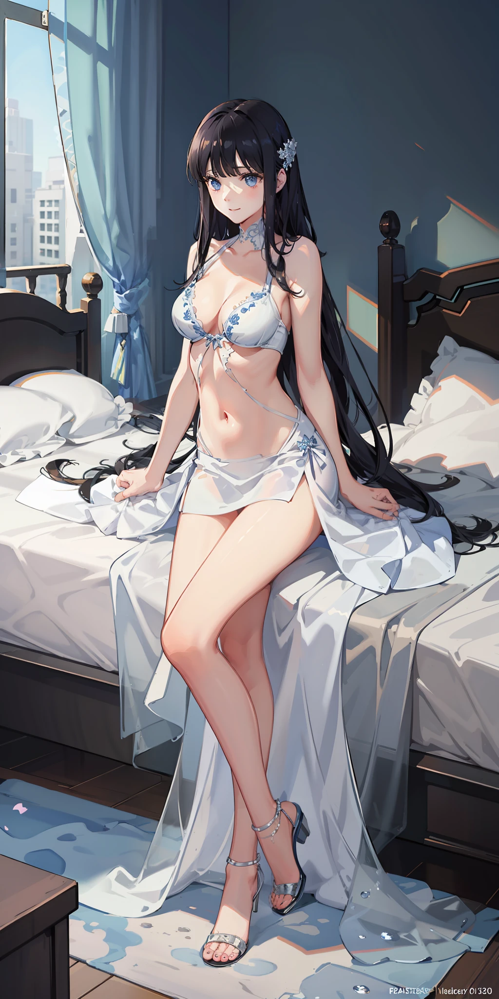 masterpiece, best quality, ultra-detailed, illustration,1girl,
long hair, black hair,
medium breast, white gown, slim legs, navel, nervous, bedroom