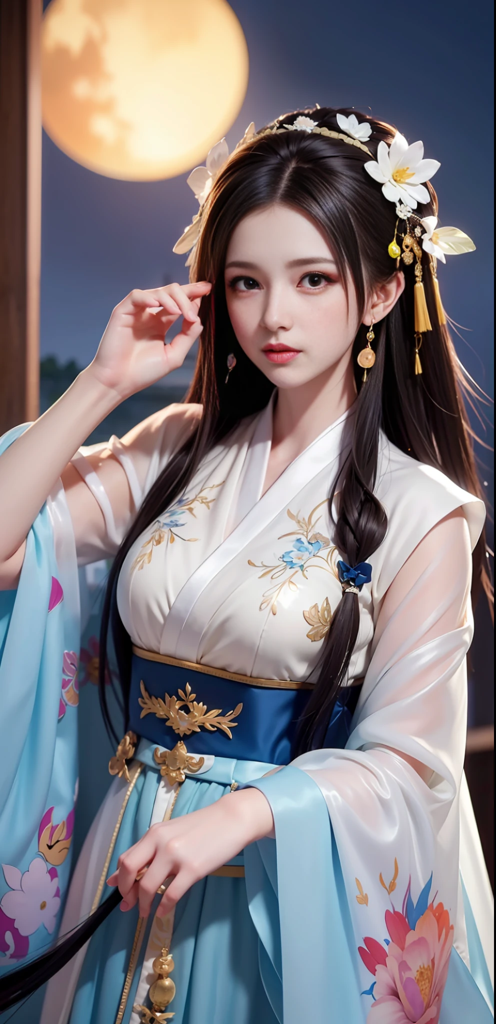 (8k, RAW photo:1.2), best quality, ultra high res,dramatic angle,(fluttered detailed color splashs), (illustration),(((1 girl))),(long hair),(rain:0.9), (headware:1.4),There is an ancient palace beside the girl,Hanfu,(focal point),color Ink wash painting,(Splash color),Splash color,(((colorful))),(sketching:0.8) , Masterpiece, best quality, beautiful painted, highly detailed,(denoising:0.6),[splash ink],((ink refraction)), (beautiful detailed sky),moon,highly,detaild,(masterpiece, best quality, extremely detailed） CG unity 8k wallpaper，杰作，best possible quality，Ultra detailded），（Stone garlic），Clear Clothes，