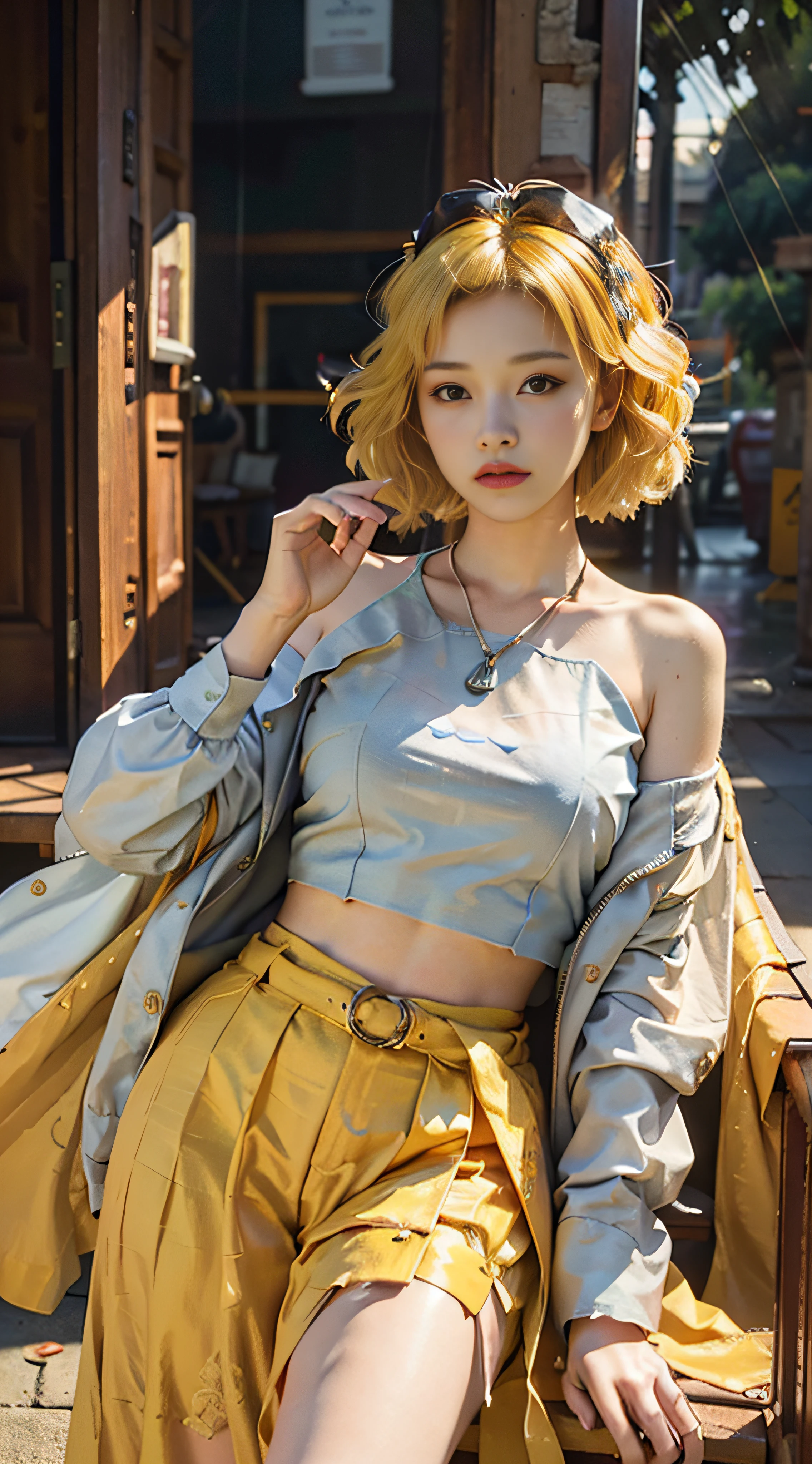 (from the outside) the best quality, masterpieces, realistic photos, intricate details, original photos, off work, home, on a private jet, it's raining outside, hoodies, yellow hair, extra-long hair, off-the-shoulders, feather hair accessories,