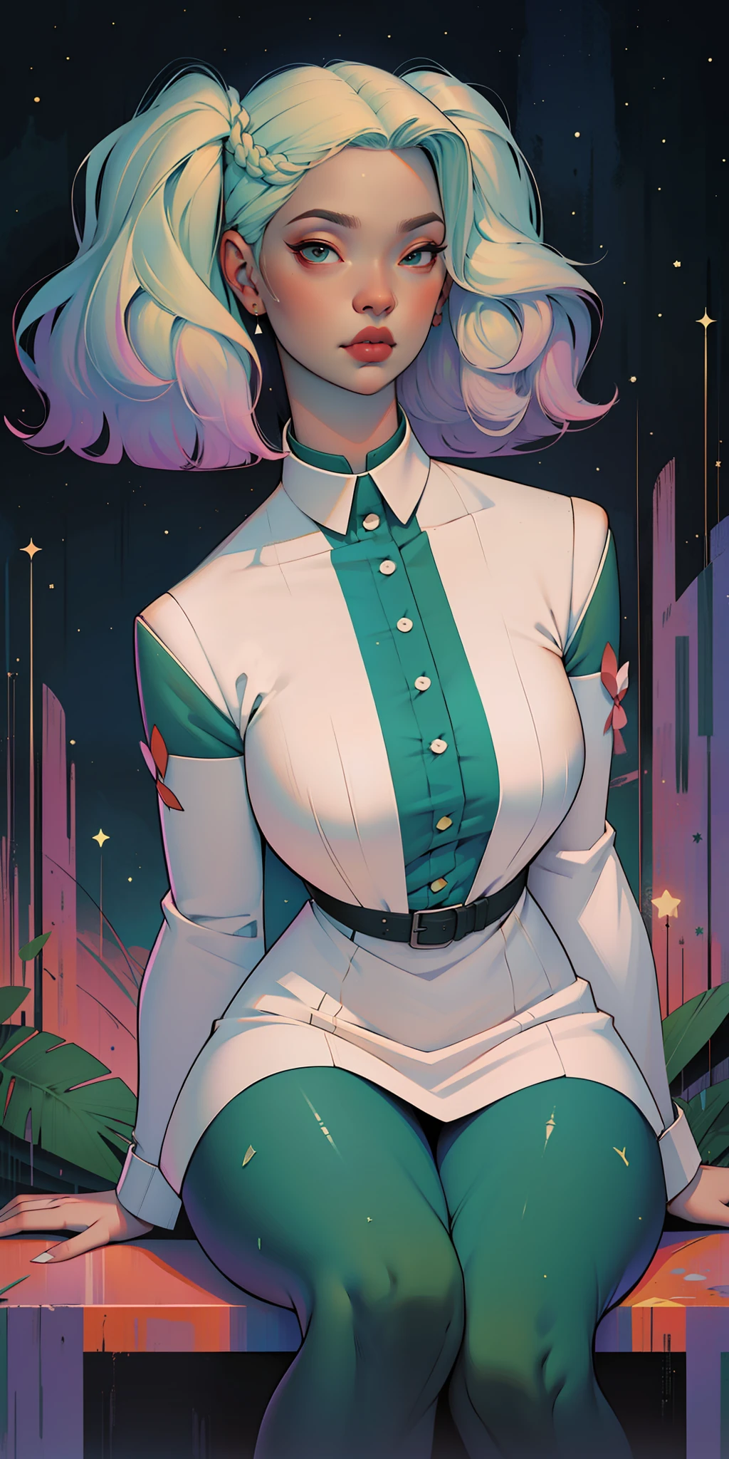 A glorious sunrise,Stars, heart, Spectrum Rainbow, Background, in chic lavender white mint hair, pastel, mixed-language_SMS, (beautiful and clear background:1.2),, fantastic paintings , High detail eye lace, Long pigtails, braid, cosmos, galaxy, Long Hair, cool hairstyle, Plant flora, Loving, Love, ultra detailed hair, Best Quality, hig quality, high-resolution, detail enhancement, ((most beautiful image in the world)), Masterpiece, Best Quality, High Quality Detail Enhancement, ((most beautiful image ), Shiny hair, ultra chic dress print, Stampa Flores, tights in a mesh,, art by stjepan sejic, art by j scott campbell, art by guillem march, art by citemer liu, 4k, high-resolution, comic book character, comic, high quality detailed, style of ::2.0 comix illustration style,tatoon style, hig quality, high-resolution, detail enhancement, 8K, HD, Best Quality, hig quality, high-resolution, detail enhancement, 8K, HDR, Sharp focus, Ultra Detailed, Perfect lighting, Curvy Body, Lush breasts, Curvy hips, Sits
