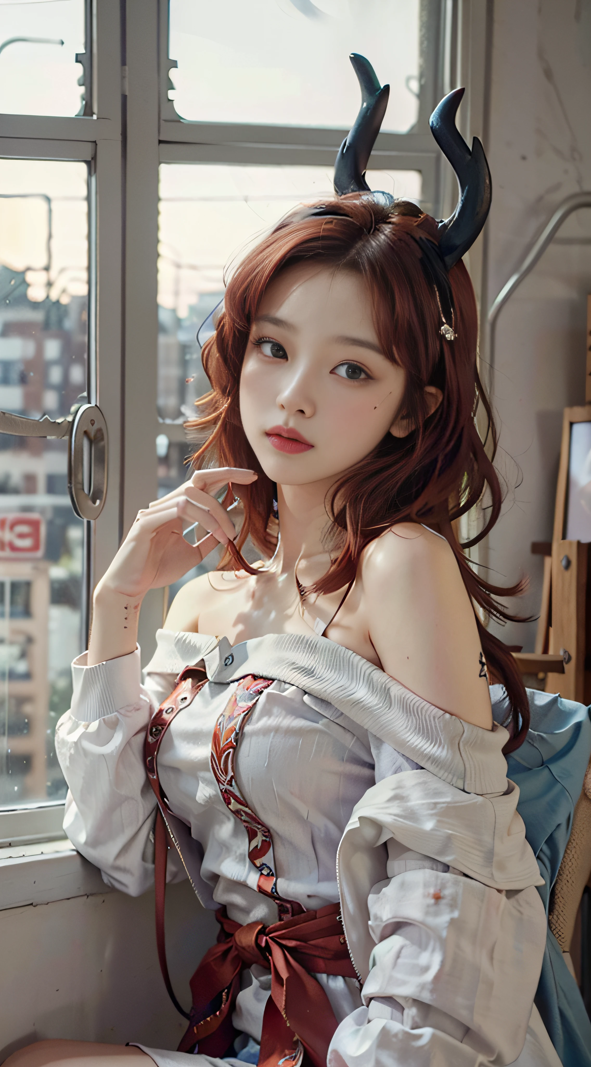 (from the outside) the best quality, masterpieces, realistic photos, intricate details, original photos, inside the office building, it's raining outside, hoodies, red hair, extra-long hair, off-the-shoulders, feather hair ornaments,