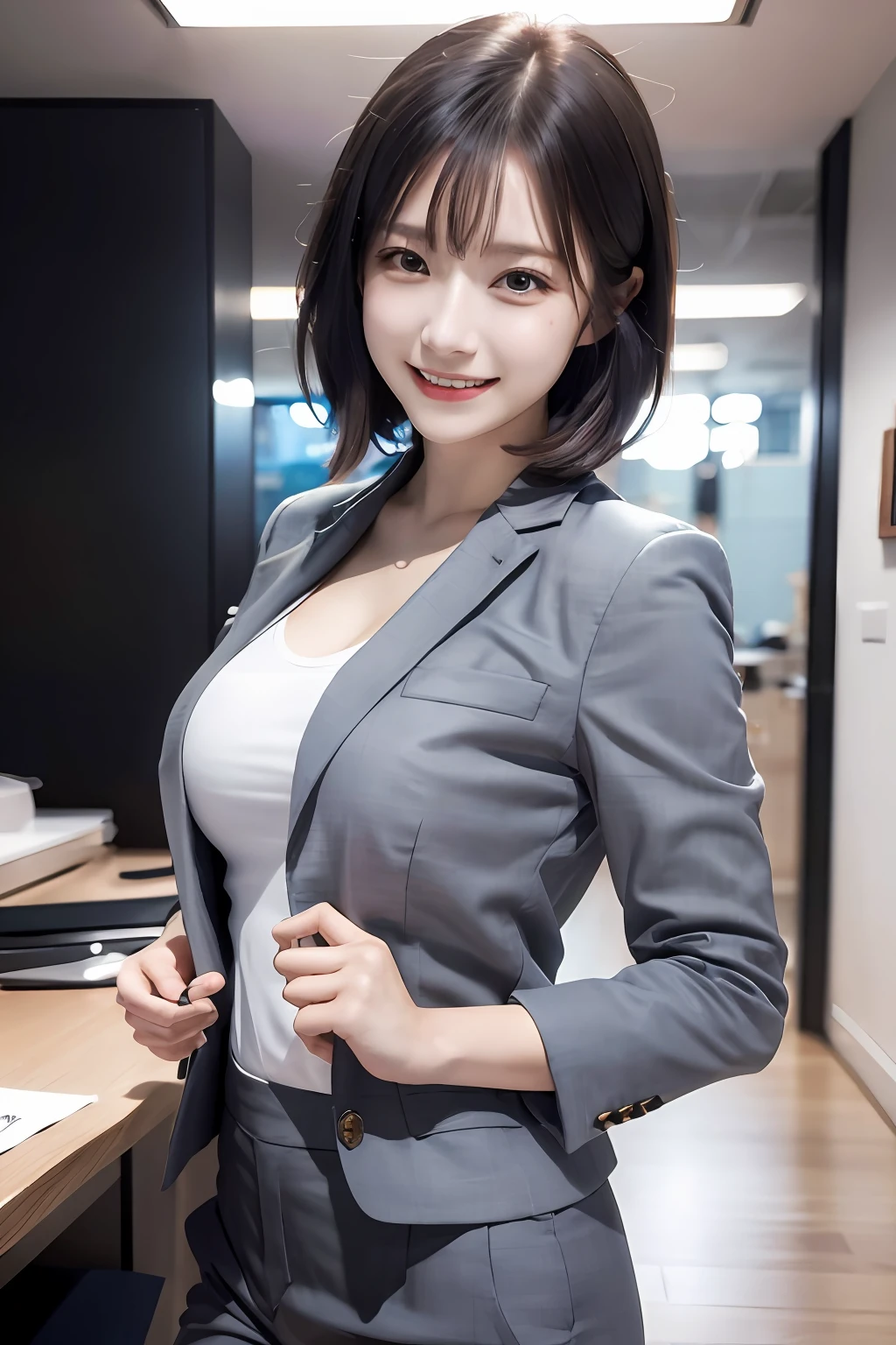 (8k, RAW photo, ultra high res, best quality, masterpiece:1.2), (realistic illustration), (extremely detailed CG unity 8k wallpaper), absurdres,
1 girl,21 yo, beautiful face,medium breasts,black medium hair,smile,tilting head,grin,upper body,slim fit pants,gray tailored jacket,office,upper body、乃木坂アイドル、女優、韓国アイドル