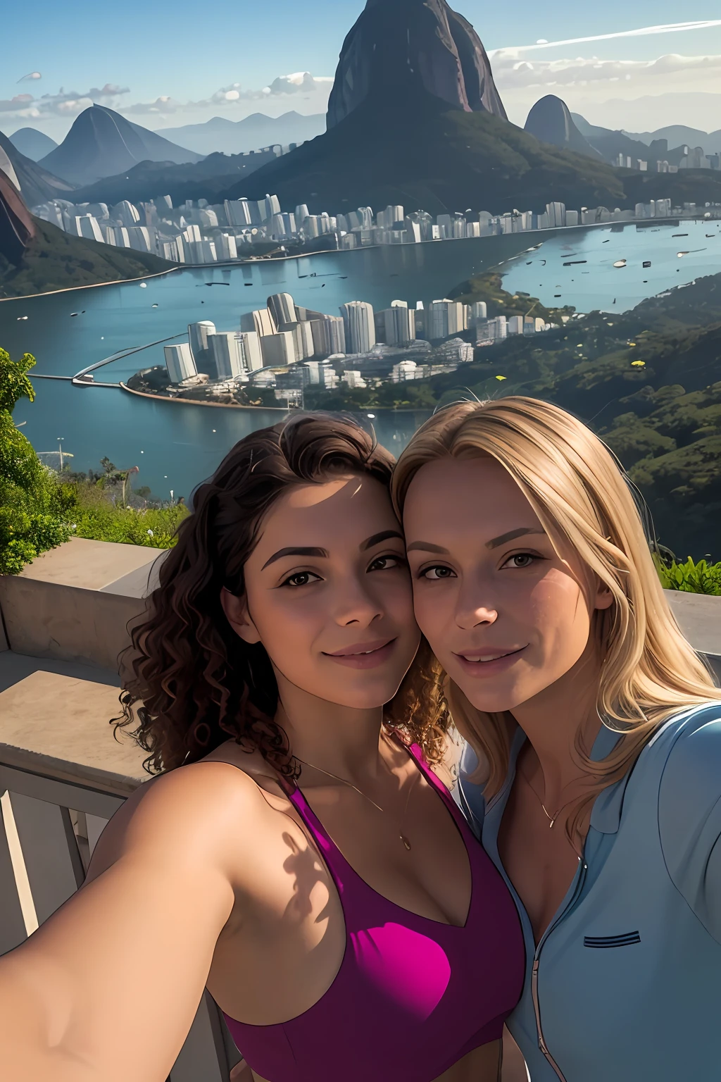 there is a caucasian white man with curly brown hair and blonde swedish woman taking a selfie together, rio de janeiro, with mountains in the background, with mountains in background, david rios ferreira, by Felipe Seade, by Nándor Katona, andrea rocha, malika favre, by Sam Dillemans, caroline gariba, with mountains as background, by Paulus Decker