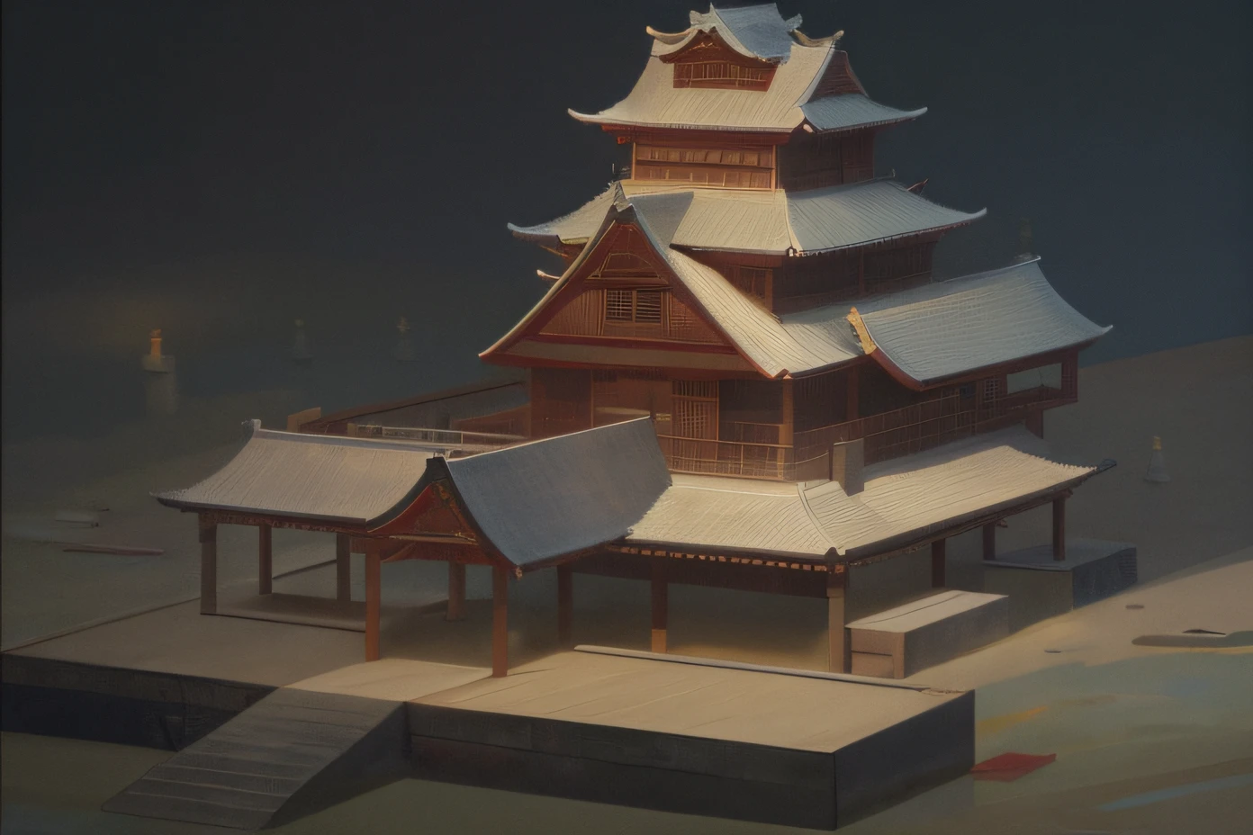 there is a small wooden building with a roof and a pier, makoto sinkai, cyberpunk japanese temple, digital painting of a pagoda, cyberpunk chinese ancient castle, inspired by Tōshi Yoshida, Beautiful rendering of the Tang Dynasty, japonisme 3 d 8 k ultra detailed, studio glibly makoto shinkai, traditional japanese concept art