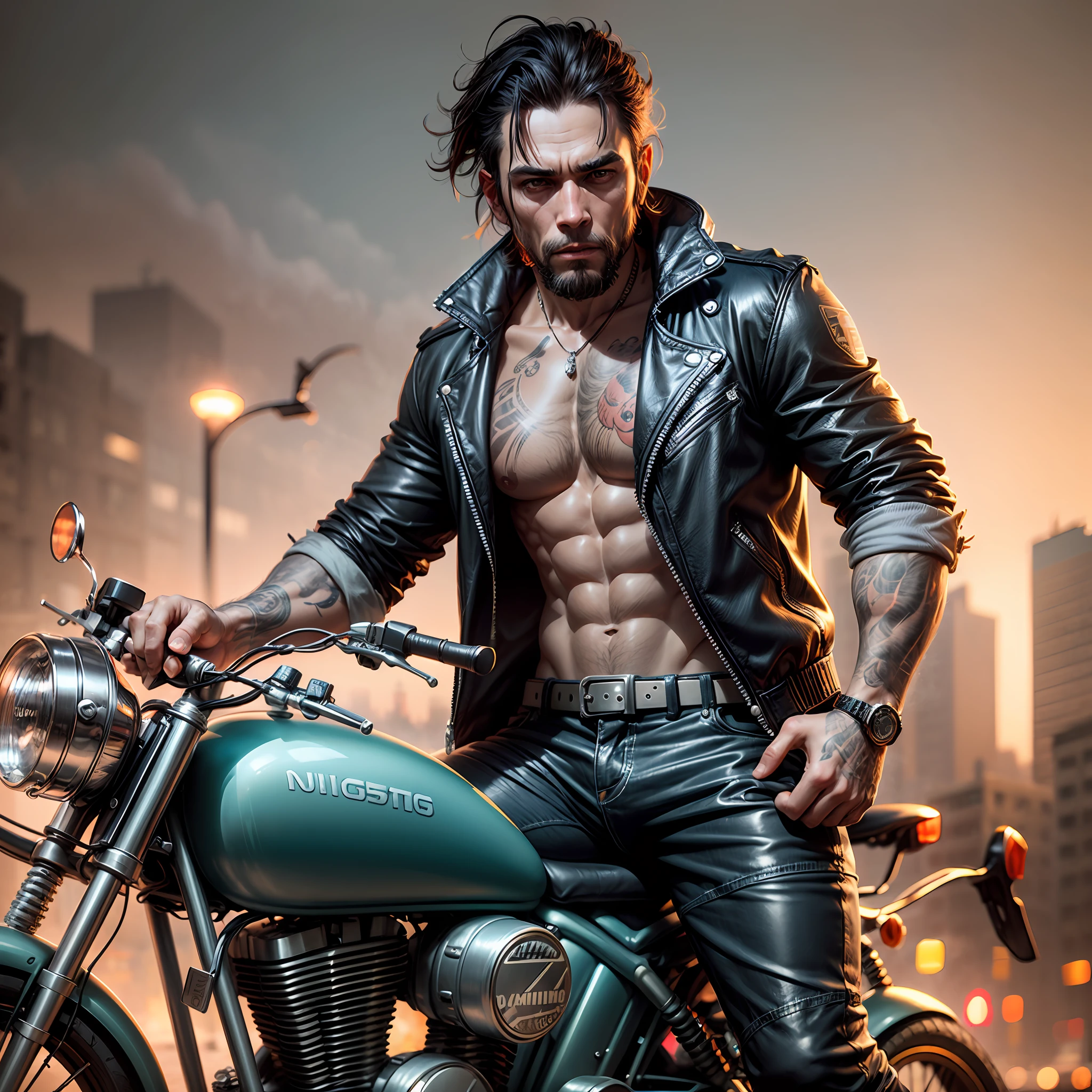 Masterpiece, (ultradetailed), (Animal anthropomorphism), gangster theme, chimpanzee, jacket, riding a motorcycle in dim lighting, tattoos, machine gun, smoke, shadows, corrupt cityscape, highest quality, solo focus, (skimpy:1.04), muscular man, full body, intricate.， by lee jeffries nikon d850 film stock photograph 4 kodak portra 400 camera f1.6 lens rich colors hyper realistic lifelike texture dramatic lighting unreal engine trending on artstation cinestill 800 (vignette:1.3), filmgrain