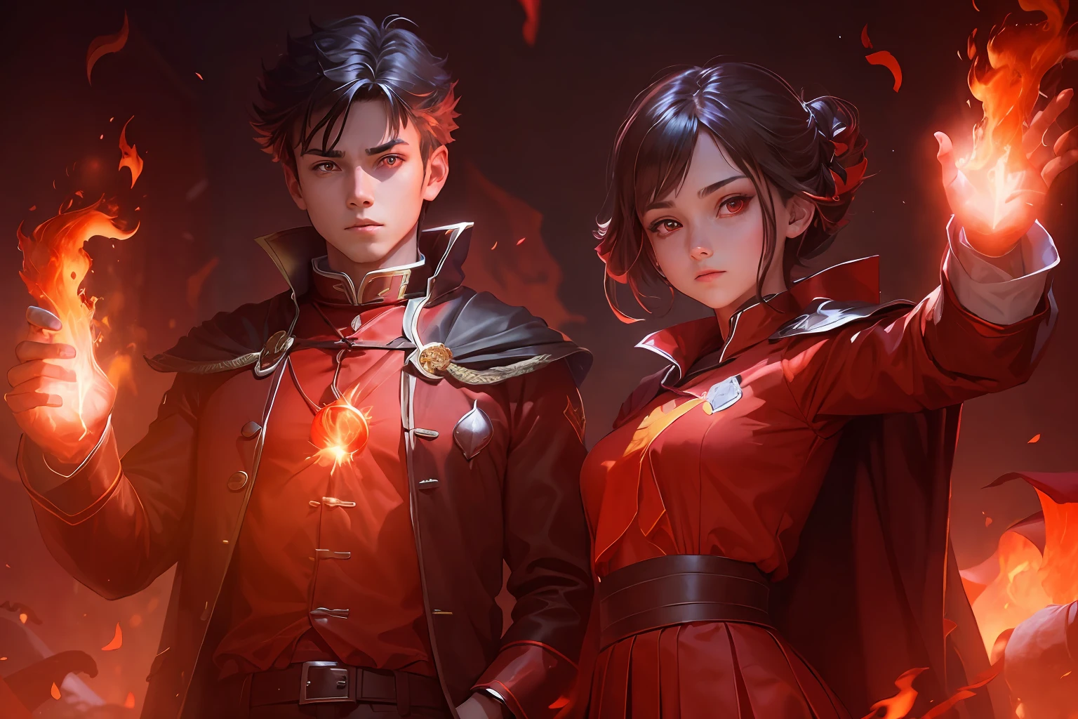 (school uniform:1.2),(Fire Mage:1.3),((1 boy) and (1 girl) standing together),red eyes,(dynamic pose),(creative lighting),(magical atmosphere),(fantasy setting)