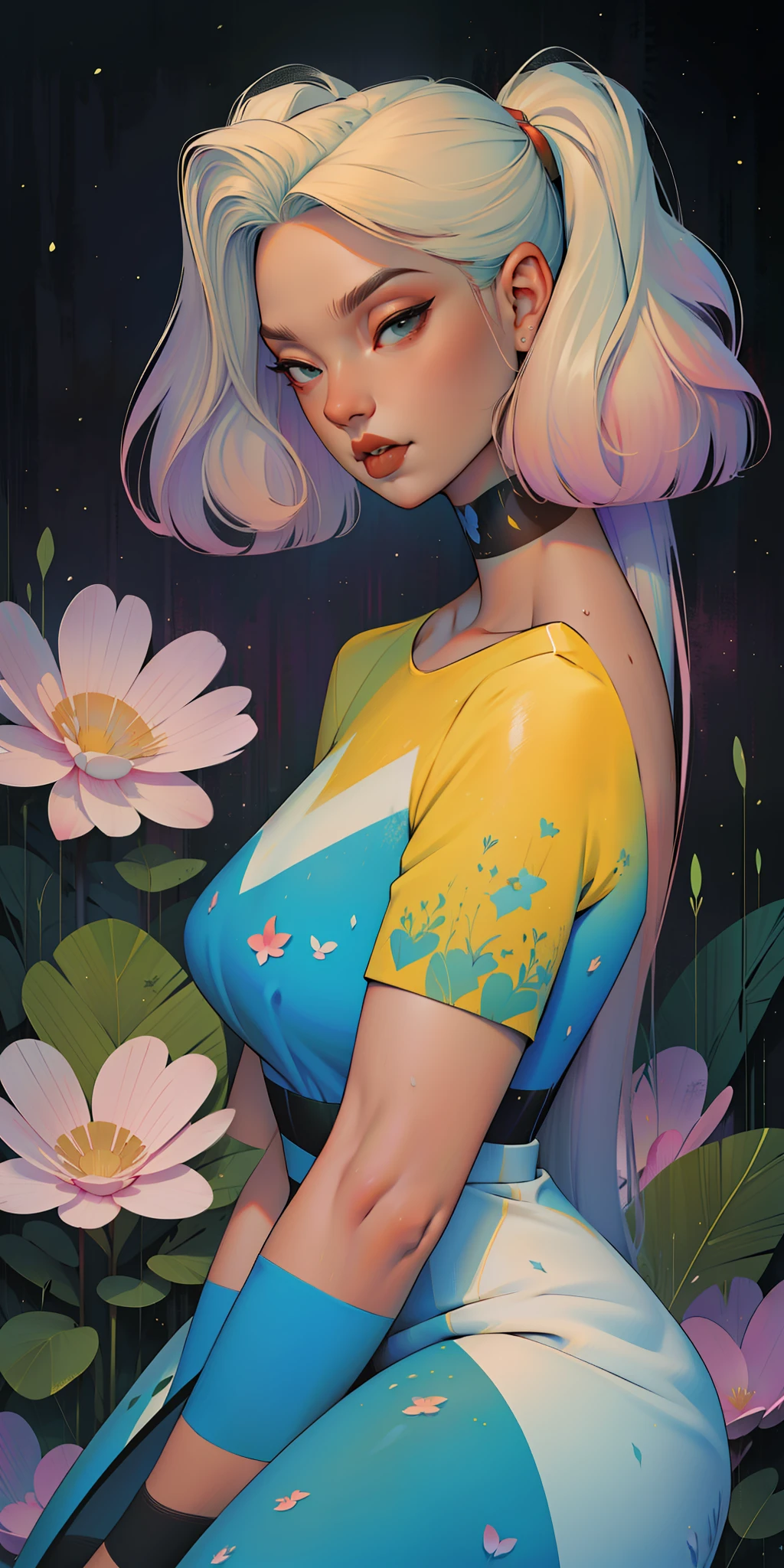 A glorious sunrise, Spectrum Rainbow, Background, in chic lavender white mint hair, pastel, mixed-language_SMS, (beautiful and clear background:1.2),, fantastic paintings , High detail eye lace, Long pigtails, braid, cosmos, galaxy, Long Hair, cool hairstyle, Plant flora, Loving, Love, ultra detailed hair, Best Quality, hig quality, high-resolution, detail enhancement, ((most beautiful image in the world)), Masterpiece, Best Quality, High Quality Detail Enhancement, ((most beautiful image ), Shiny hair, ultra chic dress print, Stampa Flores, tights in a mesh,, art by stjepan sejic, art by j scott campbell, art by guillem march, art by citemer liu, 4k, high-resolution, comic book character, comic, high quality detailed, style of ::2.0 comix illustration style,tatoon style, hig quality, high-resolution, detail enhancement, 8K, HD, Best Quality, hig quality, high-resolution, detail enhancement, 8K, HDR, Sharp focus, Ultra Detailed, Perfect lighting, Curvy Body, Lush breasts, Curvy hips, Sits