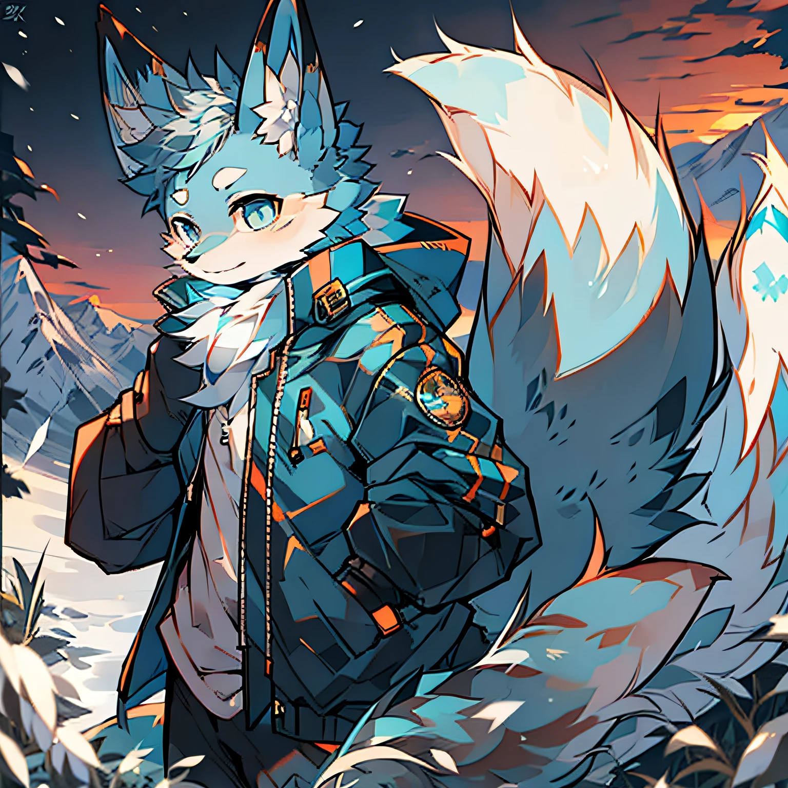 furry male blue white pattern blue pupil fox bright pupil big tail standing wearing blue cotton jacket snow mountain sunset