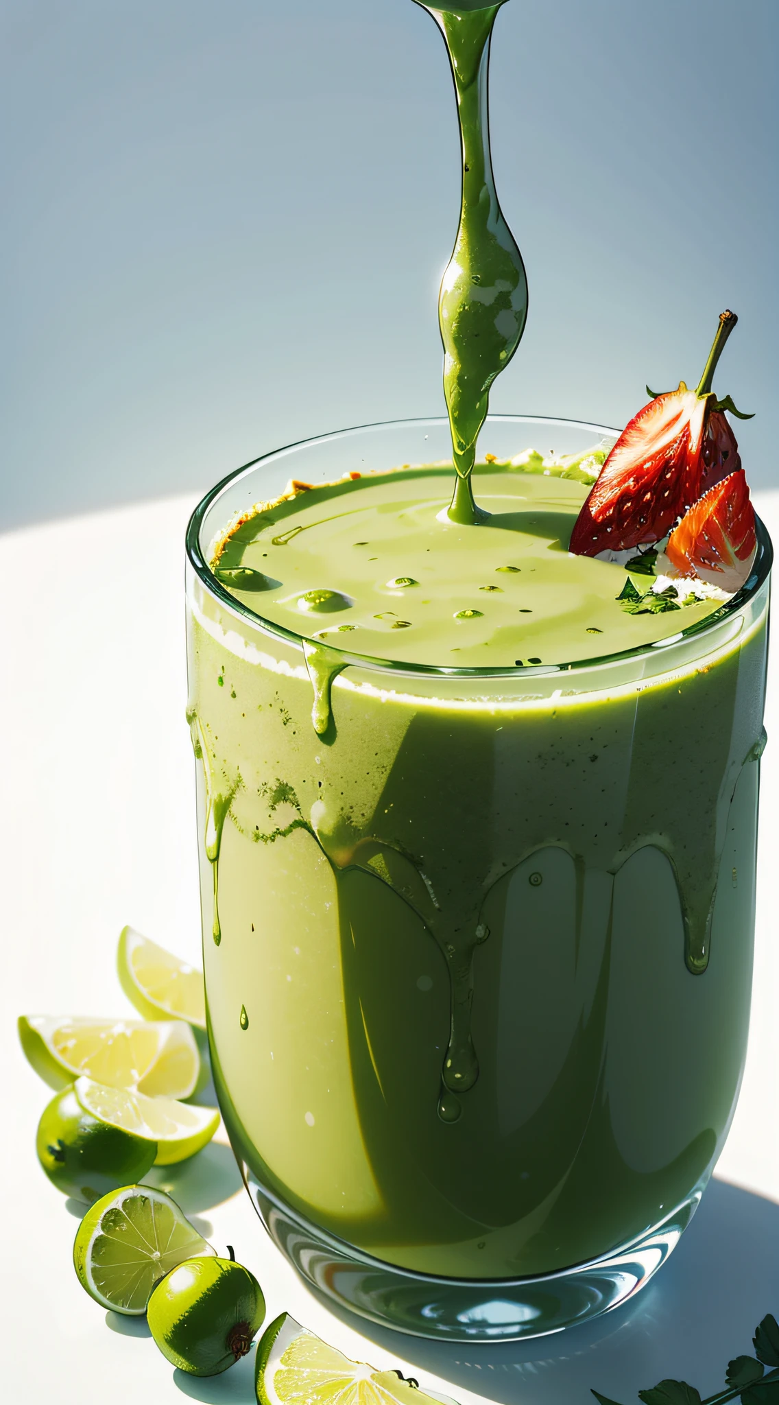 RAW photos，Green grape shake，foodphoto，professional colour grading，Soft shadows，no contrast，clean sharp focus，foodphoto，white backdrop，Best Picture Quality，Masterpiece