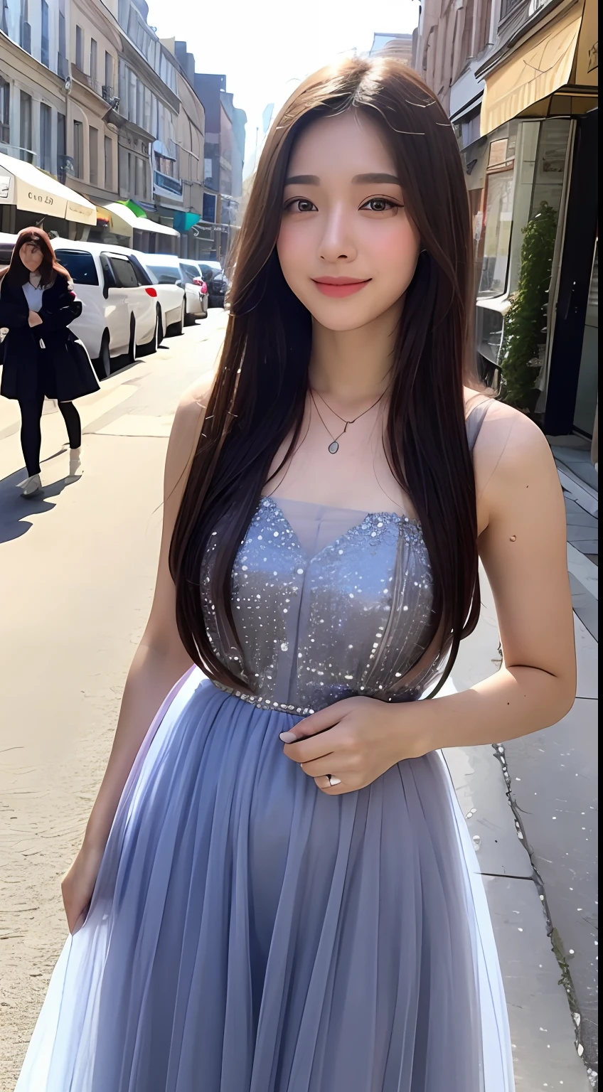 （（best qualitiy，8K，杰作：1.3））， 1girls， Smile with， a whole body， Slim Faces， Beautiful woman， （Dark-brown hair）， Full length tulle transparent dress ：1.1， Super detailed face， Detailed eyes， Double eyelid， blur backgroun， Slim Faces， citys， Outside， Streets，