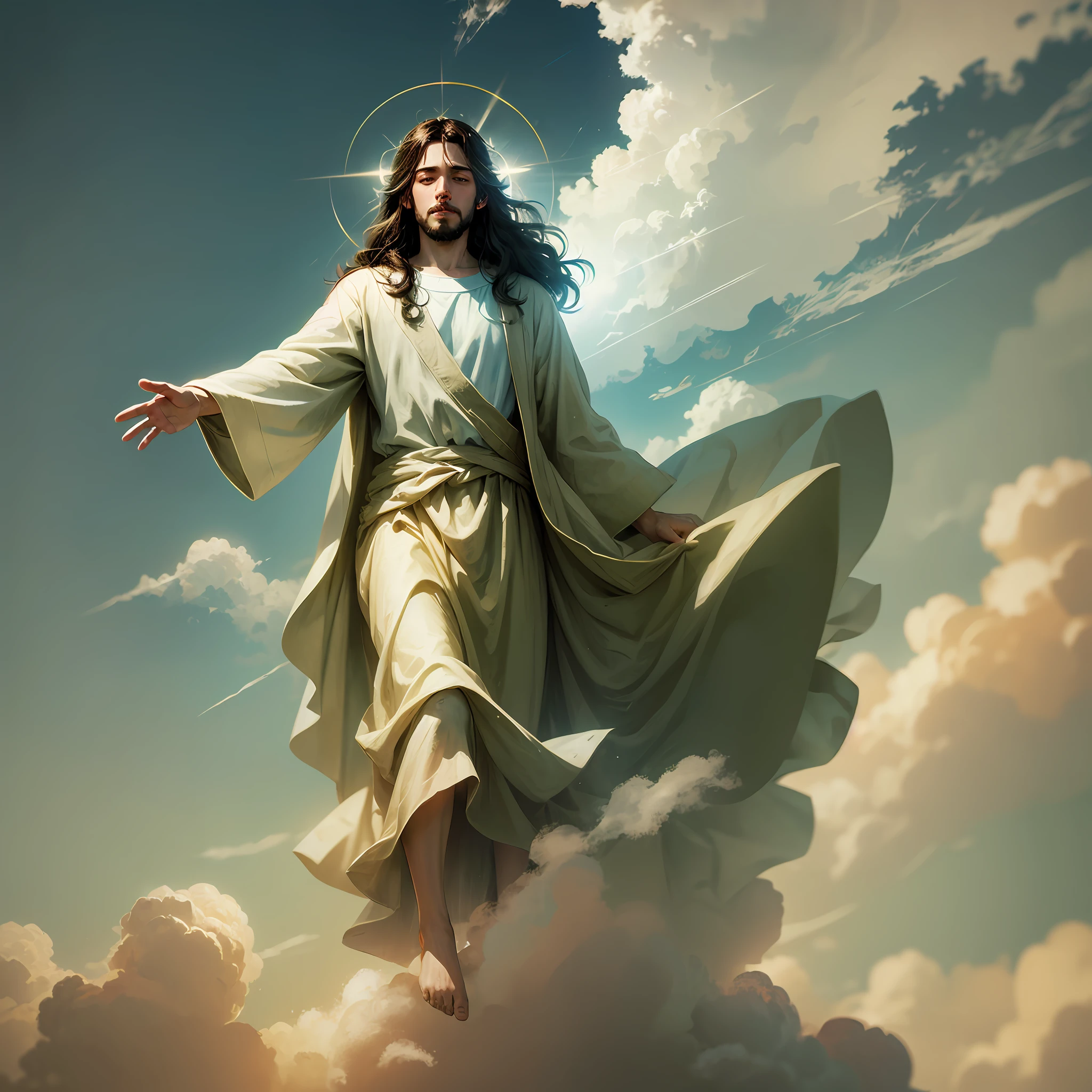 Jesus floating in the air on top of clouds with a light shining brightly on his face --auto --s2
