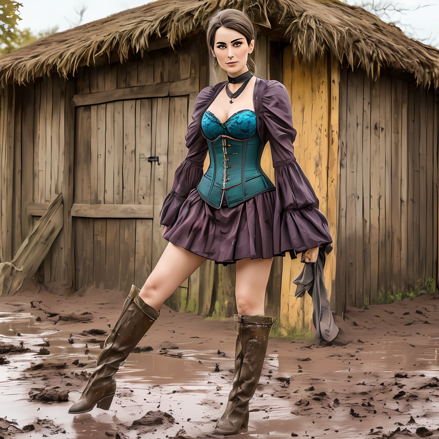 Hyperrealistische Fotografie von zwei sich liebkosenden Frauen im Schlamm, stehend, viele Frauen im Bildhintergrund, Schnur, 30-year-old women smeared with mud, Lena Meyer Landrut, turquoise underbust corset smeared with mud, Fluting, black tulle skirt smeared with mud, turquoise high heels high boots smeared with mud, schwarze Netzstrumpfhose, the entire body, rote lockige Haare mit Schlamm verschmiert, die Kleidung ist mit Schlamm verschmiert, High quality, realistische Beleuchtung, Bildmitte, Sanduhrproportionen, 8K, HDR, BDSM, medium breast size, lange Beine, tinted, professionelle Fotografie einer Frau, natural skin texture smeared with a lot of mud, 4K-Texturen, Adobe Lightroom, Fotolabor, HDR, kompliziert, elegant, sehr detailliert, scharfer Fokus, wahnsinnige Details, komplizierte Details, hyperdetailliert, Helles Kinolicht, Außenatmosphäre, Kinn hochgezogen, (exponierter Bauch: 1,8 ), (Fernaufnahme), dominanter Gesichtsausdruck,