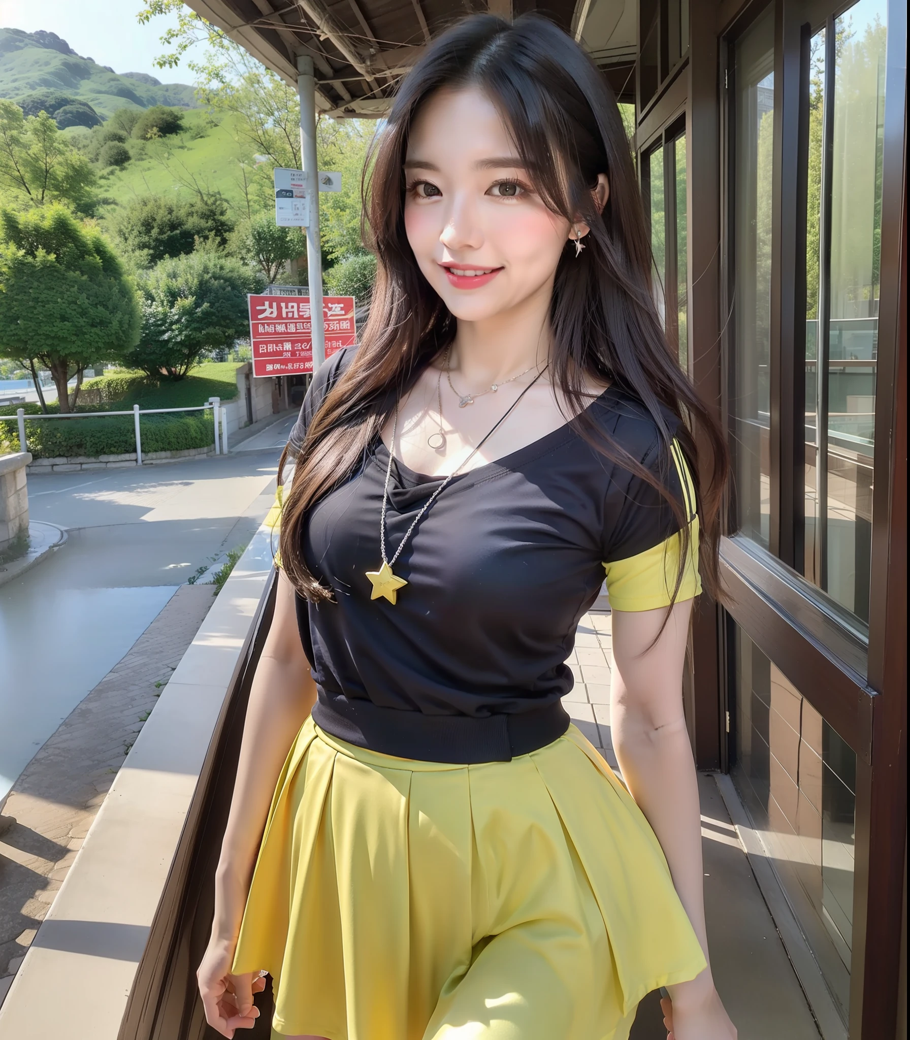 （best qualitiy，highly resolution，杰作：1.3），A beautiful woman with a slender figure，（Dark brown layered hairstyle），Wear a pendant，T shir，whitish skirt，al fresco，scenic view，Lakes and mountains in the background in the distance，The details in the facial and skin textures are beautifully rendered，detailedeyes，（best qualitiy，highly resolution，杰作：1.3），A beautiful woman with a slender figure，（Dark brown layered hairstyle），Wear a star-shaped pendant，blue tshirt，Yellow midskirt，al fresco，The background is random，The details in the facial and skin textures are beautifully rendered，detailedeyes，Double eyelid，Seductive laughter，Feminine laughter，Seduction pose