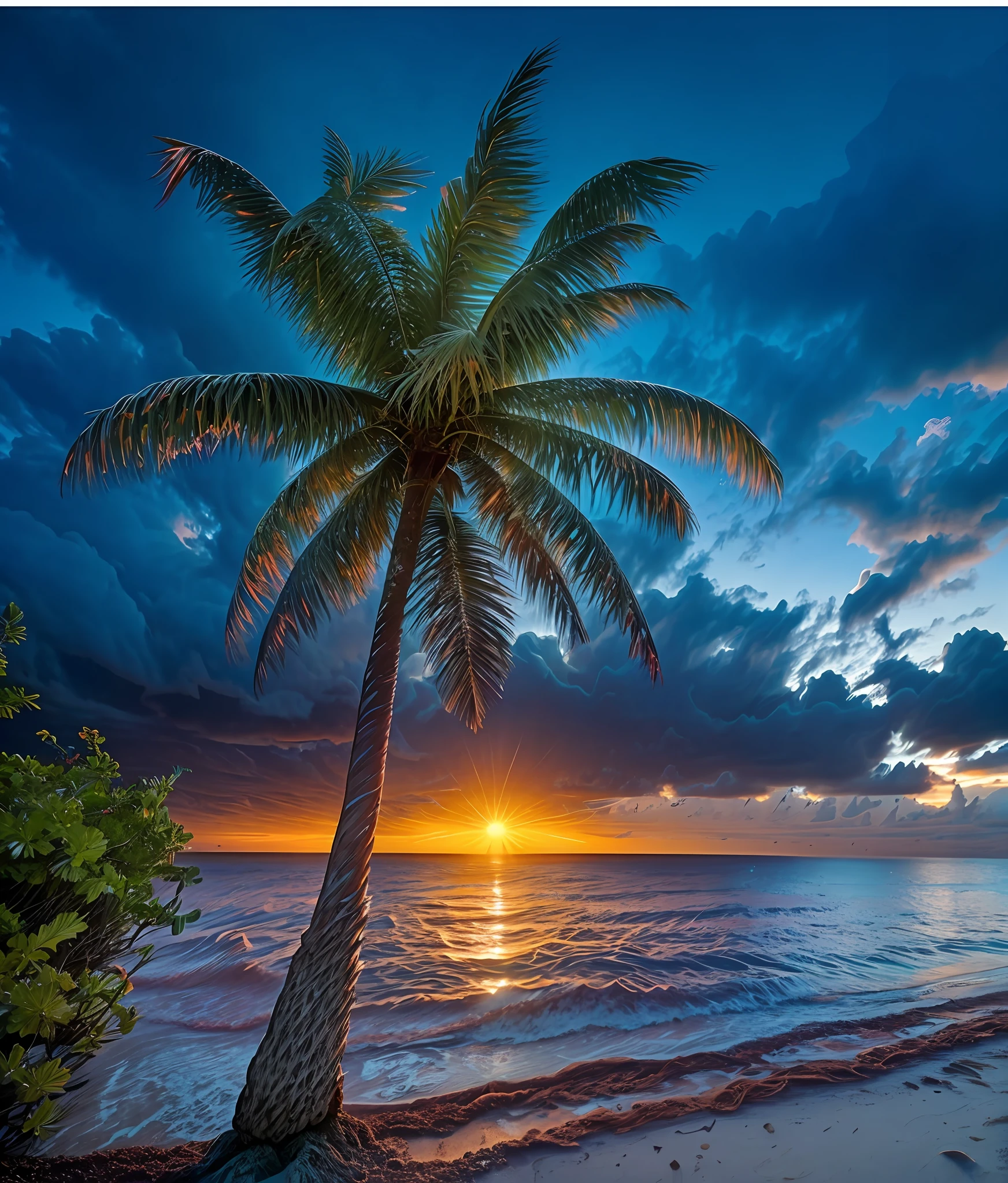 arafed palm tree on the beach at sunset with the sun setting, beautiful magical palm beach, tropical paradise, the most beautiful sunset, morning sunrise, incredibly beautiful, beautiful sunset, beautiful and spectacular dusk, stunning sunset, tropical beach paradise, paradise in the background, the palms come from the depths, beautiful sunrise, beautiful place, sunset at the beach, nice sunset