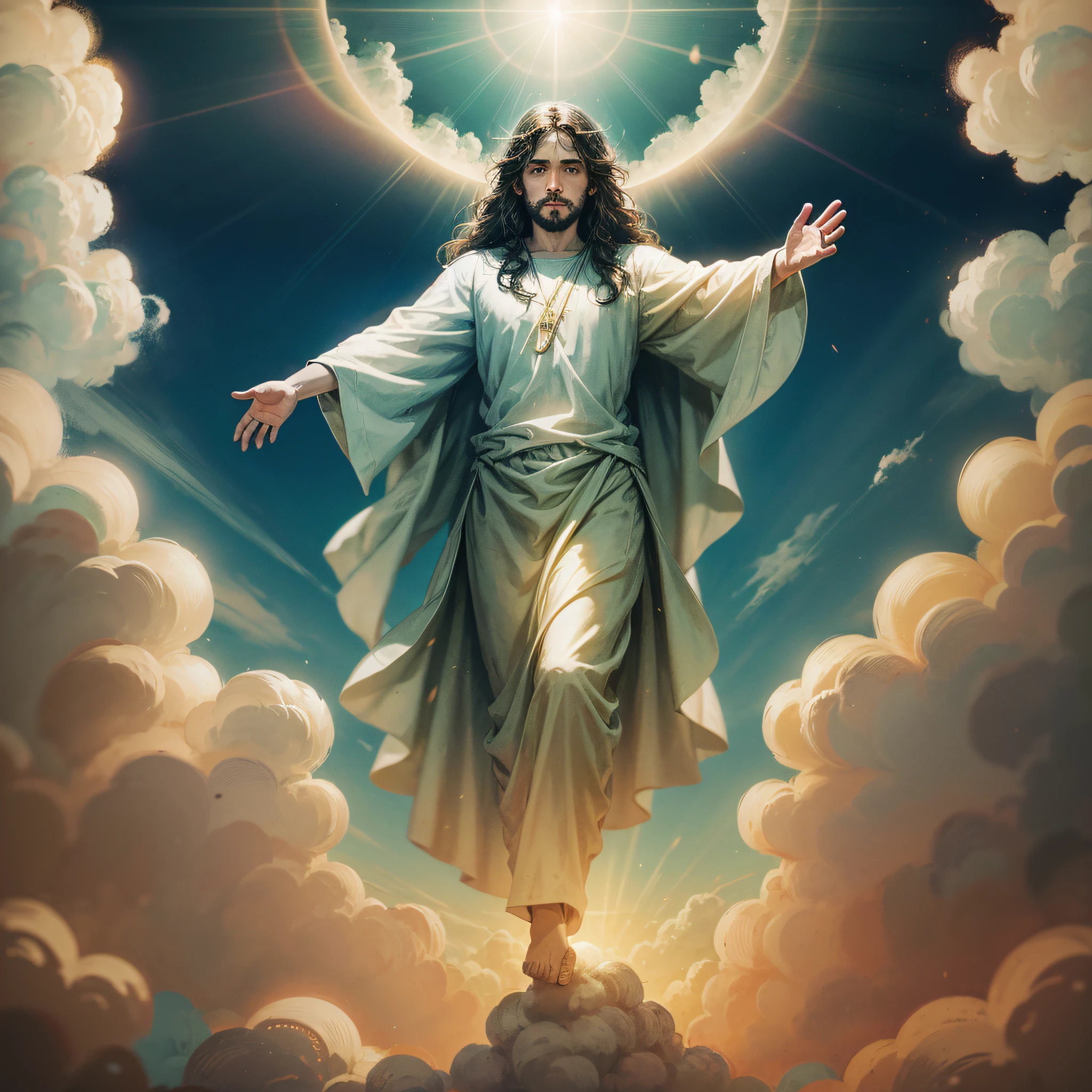 Jesus floating in the air on top of clouds with a light shining brightly on his face --auto --s2