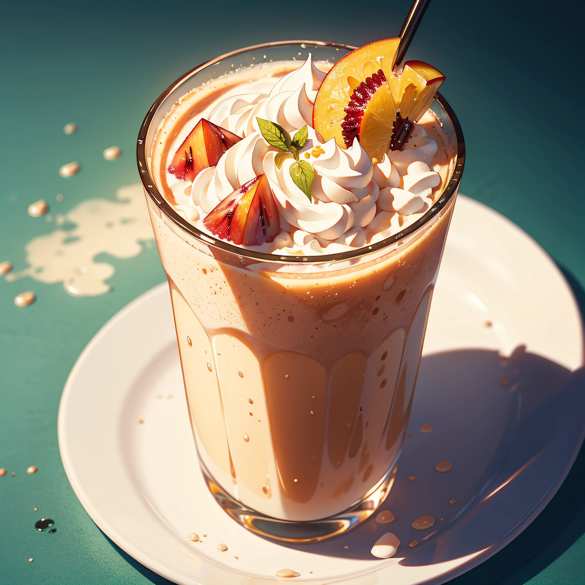 RAW photos，Peach shake shake shake，Contains cream and jelly，A few pieces of crushed ice were scattered around，foodphoto，professional colour grading，Soft shadows，no contrast，clean sharp focus，foodphoto，white backdrop，Best Picture Quality，巨作