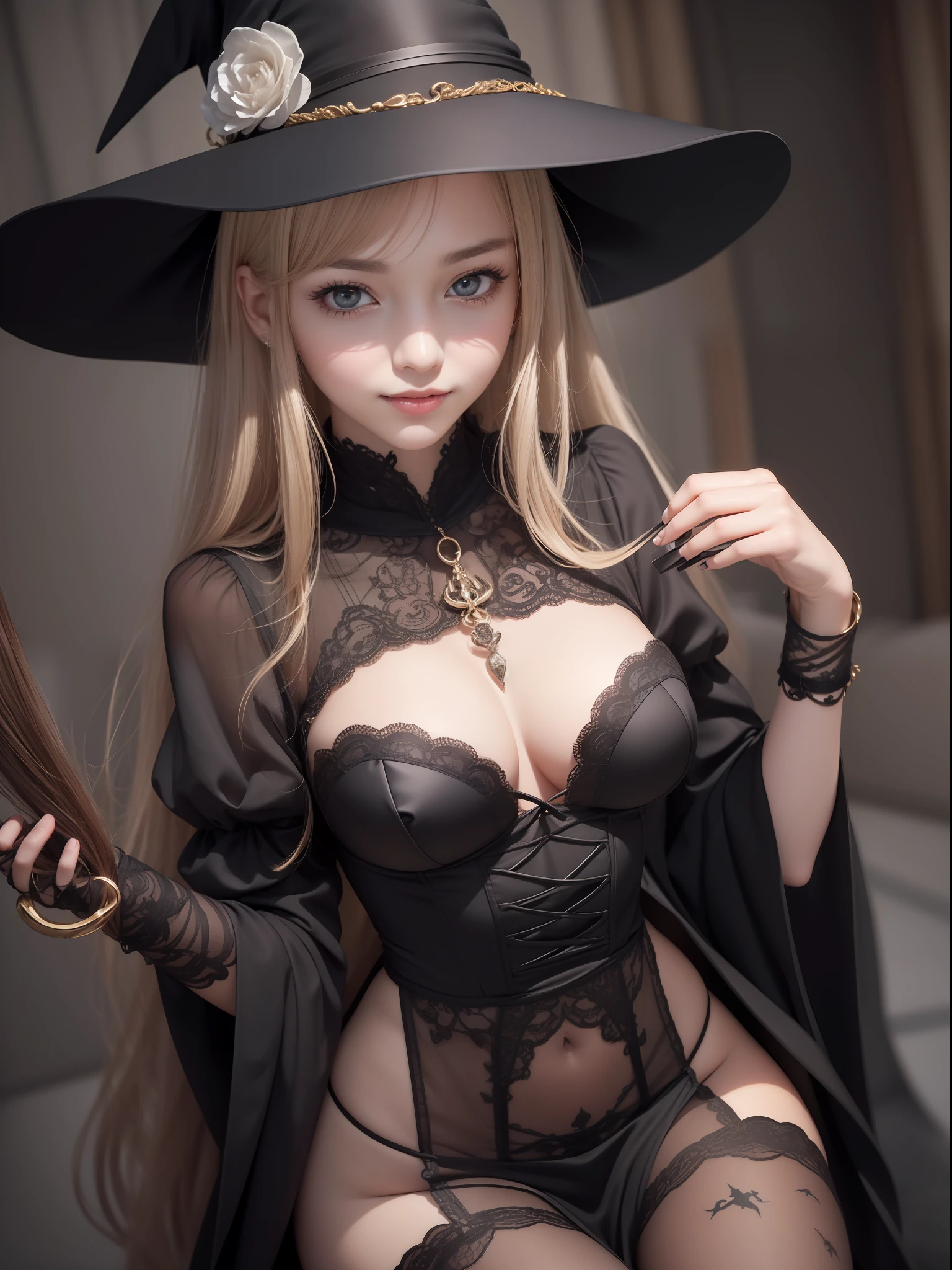 masterece-piece, best qualitiy, (((Realstic 、photorealestic:1.37))), ((Solo)), 8K image quality, Extremely delicate and beautiful, splendid, Official art with attention to detail, Ridiculous, Unbelievably ridiculous, huge filesize, Ultra detailded, extremely detail, (Pretty girl), (detailed girl), highly detailed eyes and faces, Beautiful detailed eyes, Light makeup,, (Perfect female figure), Slim waist, (Korean beauty), ((a whole body)), With bangs, Feminine look, Smile with, (12 year old), ((Apprentice Witch)), Black hat, Thick black dress, Black gown, Black Shoes, Witch Items, ((No skin exposure)), Private room at night,