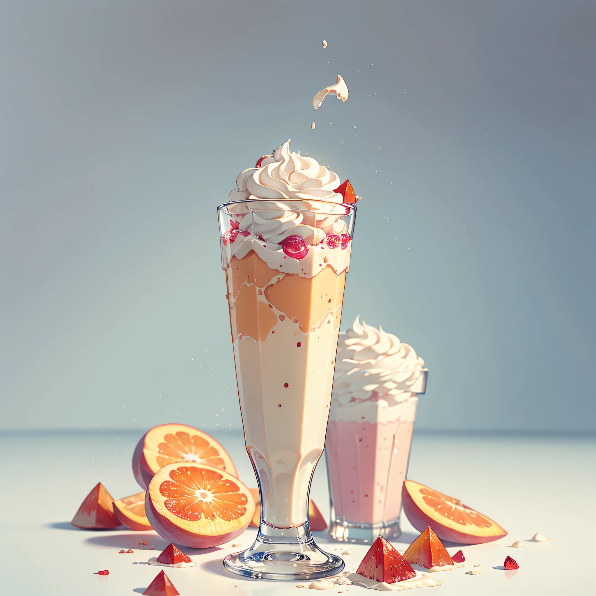 RAW photos,Peach shake shake shake,Contains cream and jelly,A few pieces of crushed ice were scattered around,foodphoto,professional colour grading,Soft shadows,no contrast,clean sharp focus,foodphoto,white backdrop,Best Picture Quality,巨作