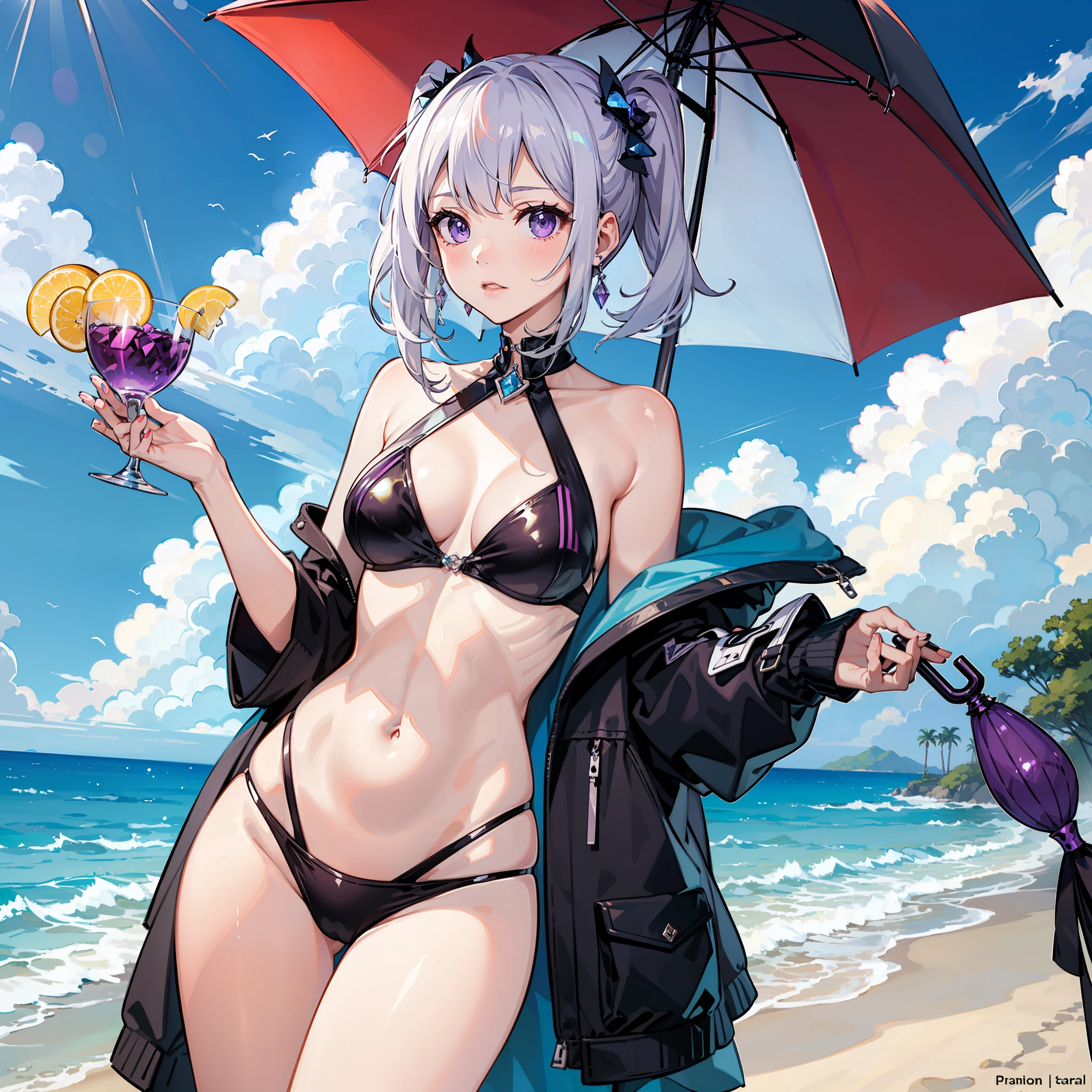 masterpiece, 1girl, beach, platinum hair, purple crystal eyes, metal microkini, sunlight, umbrella, cocktail