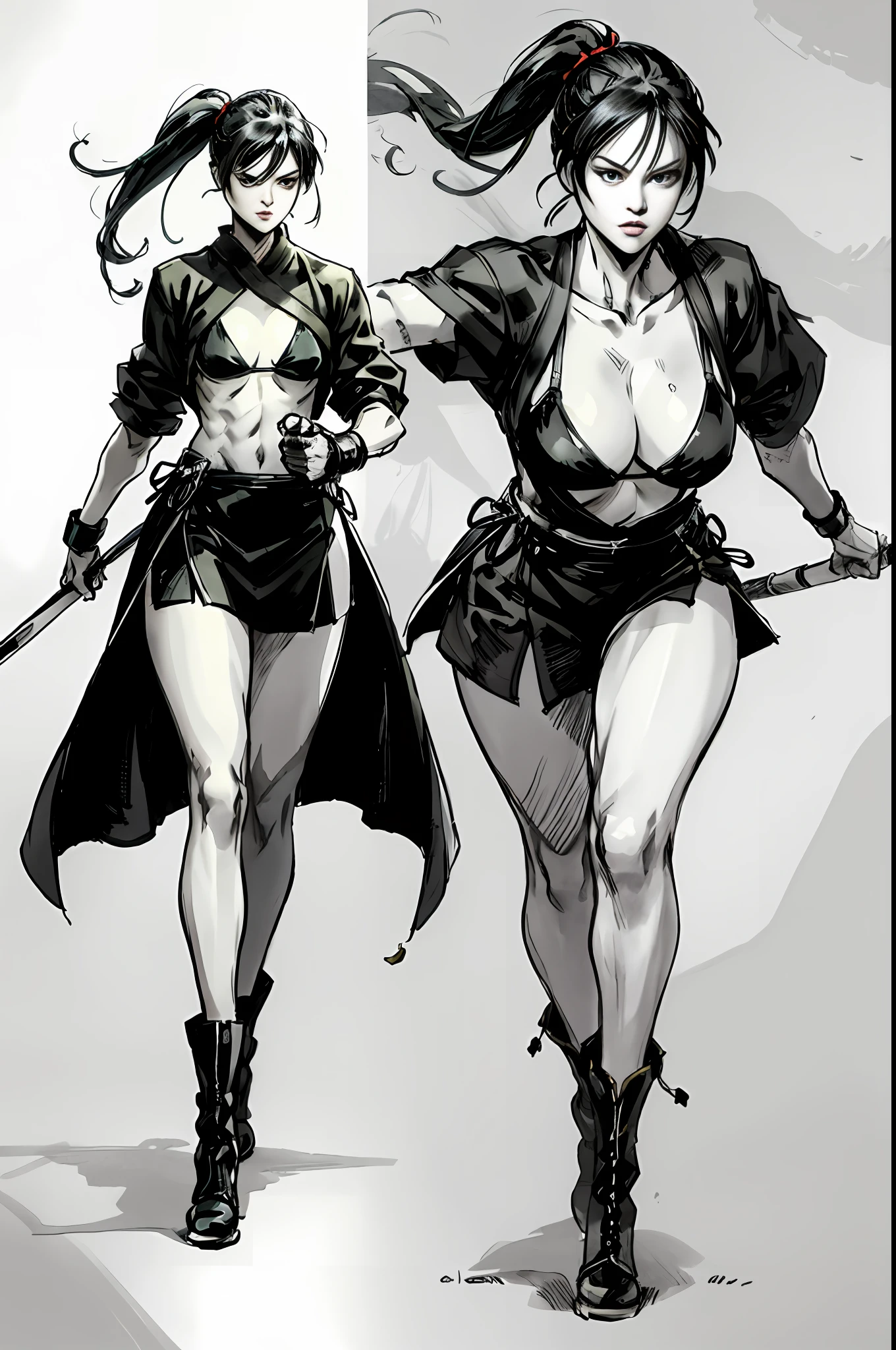 杰作,1woman,A wonderful character show,4K anime,(animel:1.2),Anime drawing of a female martial artist in a bikini and robes,Mysterious oriental atmosphere,tall,Plump breasts,Slim and well-proportioned waist and abdomen,Slender legs,Perfect body,Realistic Hanfu,Wear boots,Combat posture study,a whole body,Dress,Image of a female boxer,Martial arts anime style,colored sketch,Sketch art style,anime artsyle,digital anime,The ultra-great resolution,Realistic scale SFW,Place your hands in her body position!,Full body combat stance,fighting action,Gesture painting,Fine sketching,Full Body Portraits,,animepainting