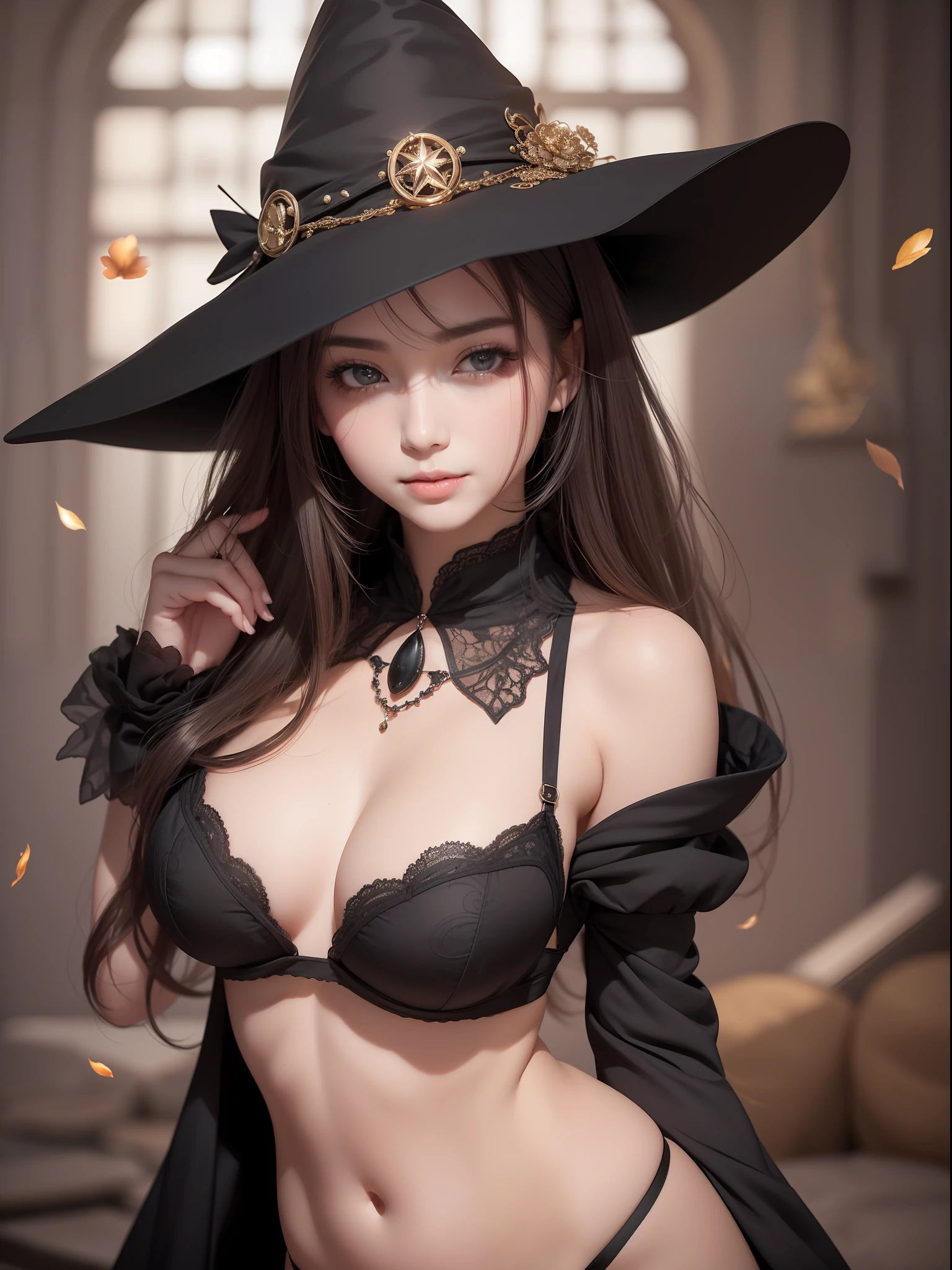 masterece-piece, best qualitiy, (((Realstic 、photorealestic:1.37))), ((Solo)), 8K image quality, Extremely delicate and beautiful, splendid, Official art with attention to detail, Ridiculous, Unbelievably ridiculous, huge filesize, Ultra detailded, extremely detail, (Pretty girl), (detailed girl), highly detailed eyes and faces, Beautiful detailed eyes, Light makeup,, (Perfect female figure), Slim waist, (Korean beauty), ((a whole body)), With bangs, Feminine look, Smile with, (), ((Apprentice Witch)), Black hat, Thick black dress, Black gown, Black Shoes, Witch Items, ((No skin exposure))