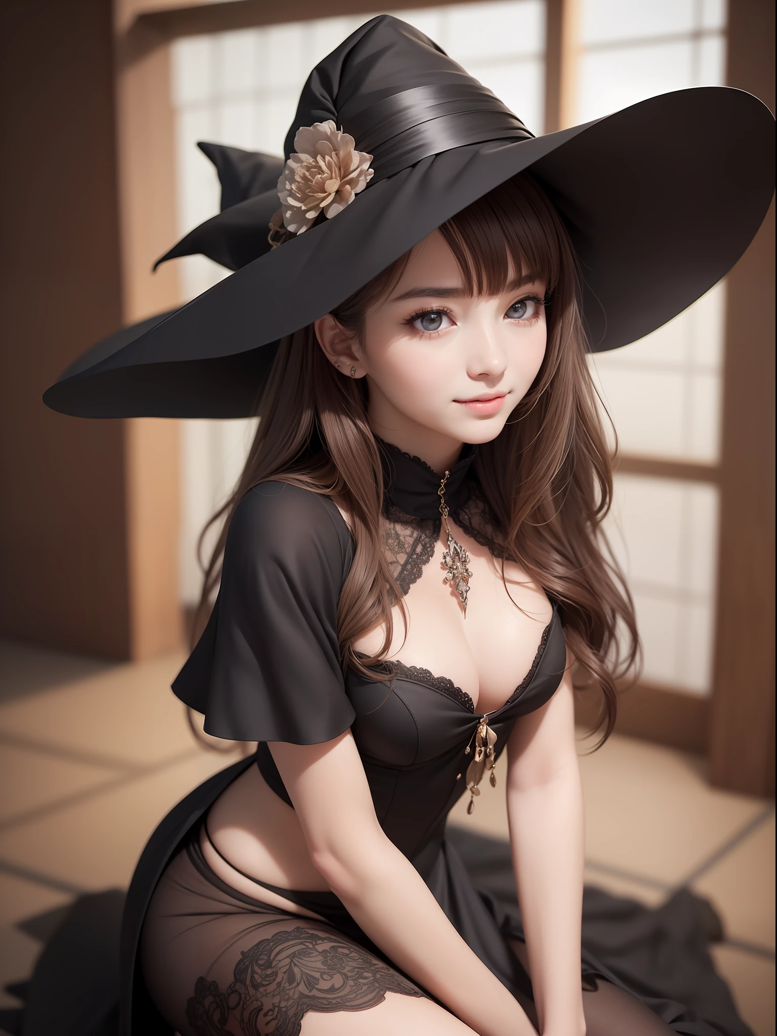 masterece-piece, best qualitiy, (((Realstic 、photorealestic:1.37))), ((Solo)), 8K image quality, Extremely delicate and beautiful, splendid, Official art with attention to detail, Ridiculous, Unbelievably ridiculous, huge filesize, Ultra detailded, extremely detail, (Pretty girl), (detailed girl), highly detailed eyes and faces, Beautiful detailed eyes, Light makeup,, (Perfect female figure), Slim waist, (Korean beauty), ((a whole body)), With bangs, Feminine look, Smile with, (), ((Apprentice Witch)), Black hat, Thick black dress, Black gown, Black Shoes, Witch Items, ((No skin exposure))