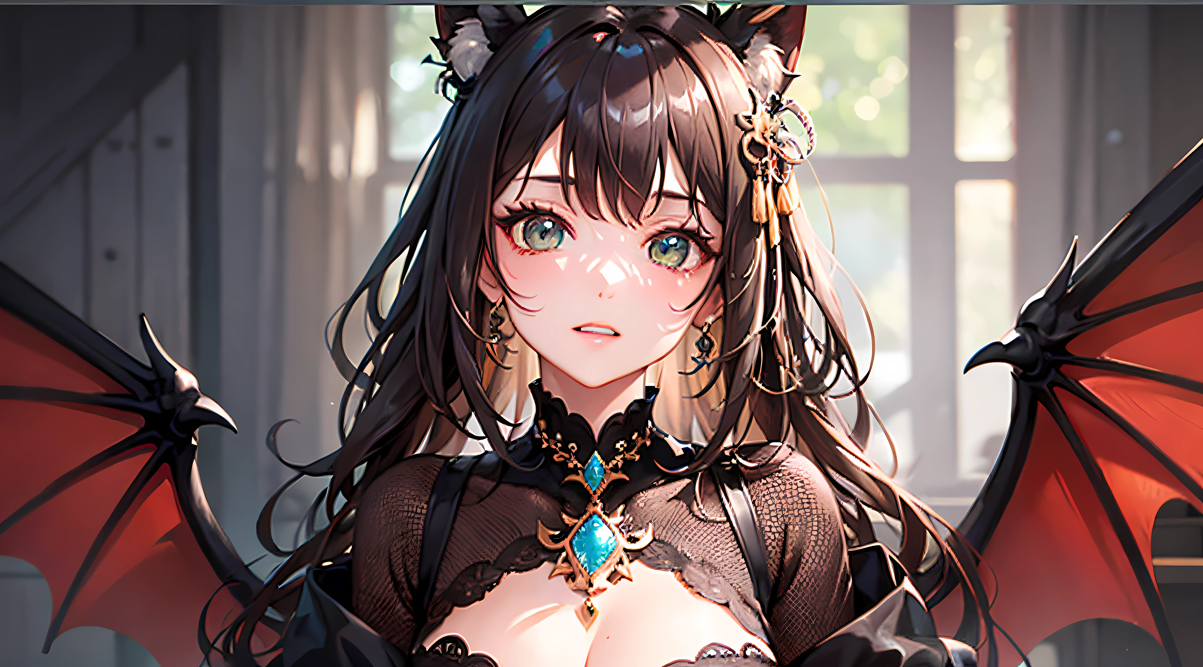 （best qualitiy： 1.3）， （杰作： 1.3）， （ultra detaile： 1.3）， （wall paper， 1girls， 独奏， L'Officiel， brown  hair， Dragon's horn， Long tail， Big wings， pony-tail， hair ornament， Green eyes， Red Eyeshadow， jewelries， Separate the sleeves， mediuml breasts， puled up dress， bangle： 1.1）， （[Diamond：1.3|The eye]：1.2）， （[opals：1.9|Gradient_Hair：1.3]：1.2）， （Hair dripping：1.25）， （Detailed hands and fingers：0.9），，TBCC illustration，（Detailed ultra-oily radiant skin：1.1），（[wet​：0.8|Slimed]），