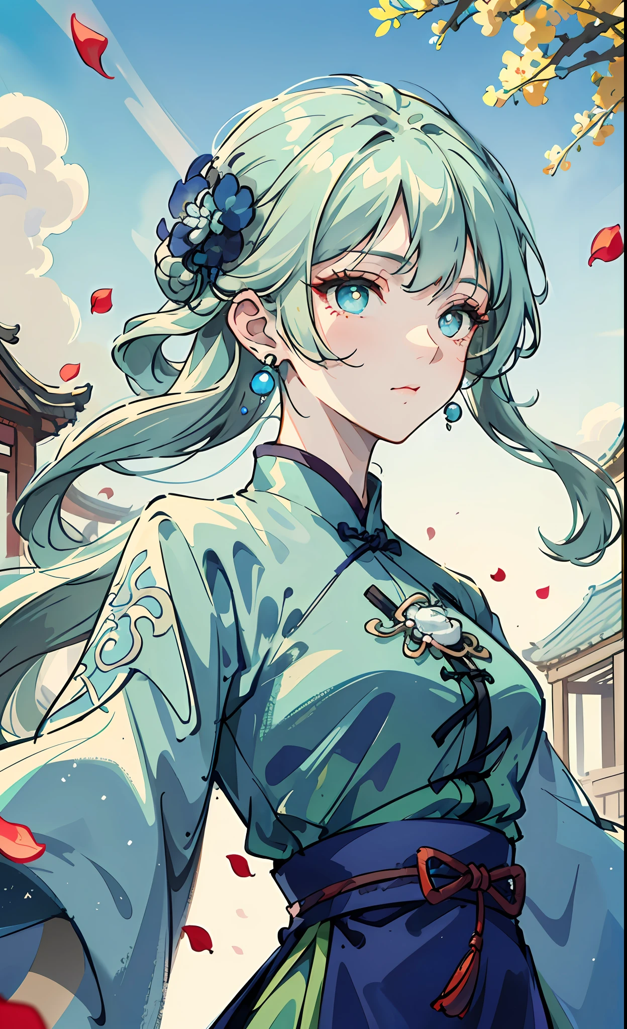 Mature girl , green pupils, blue-white hair color, floating hair, delicate and flexible eyes, intricate damask Hanfu, gorgeous accessories, wearing pearl earrings, fov, f/1.8, masterpiece, ancient Chinese style architecture, blue sky, flower petals flying, front portrait shot, Chang'e, side lighting, sunlight on people, 8K