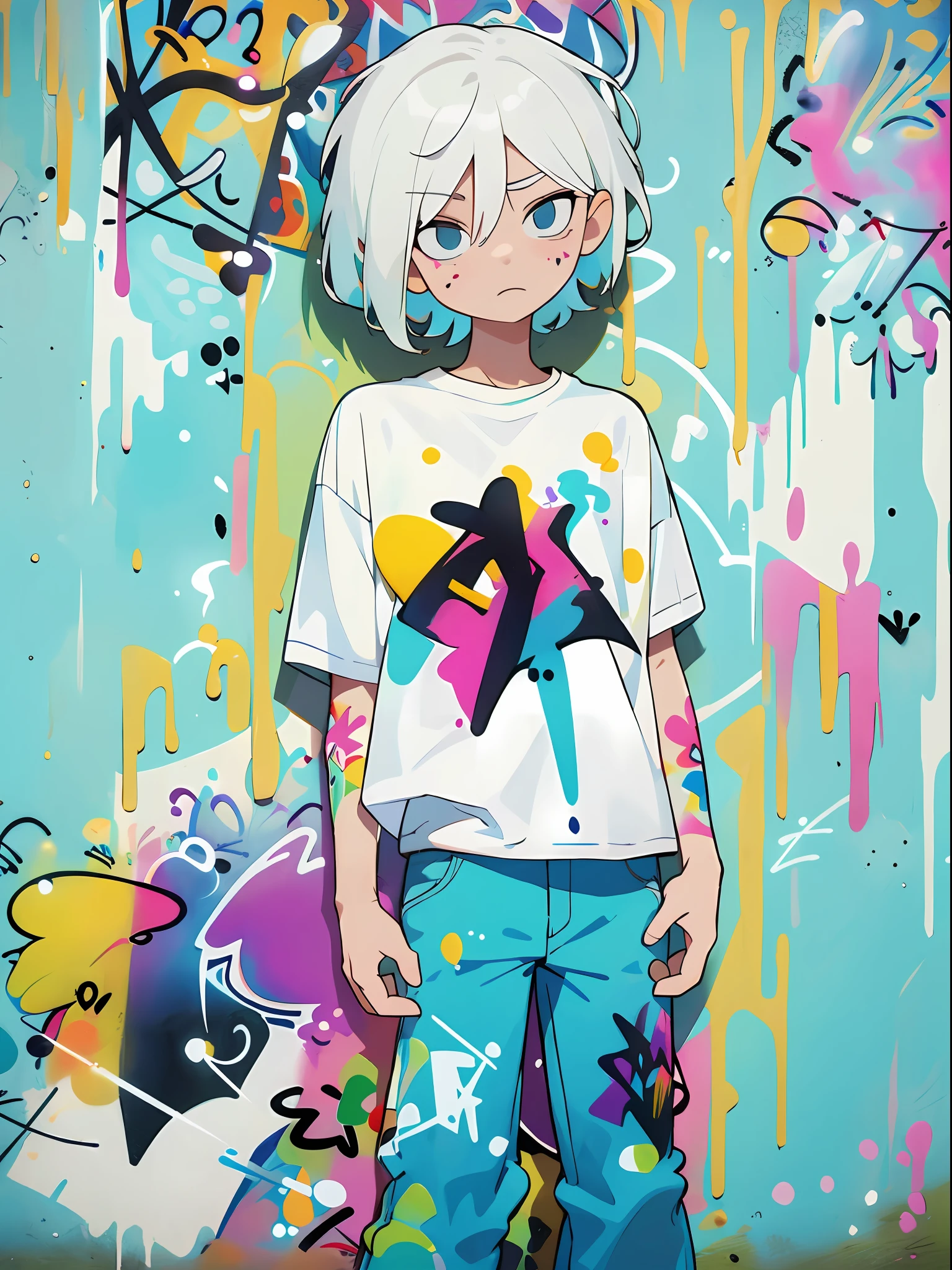 Masterpiece, Best Quality, 1 boy, Solo, T‐shirt , Denim pants, (Graffiti:1.5), Paint splashes, behind arms, against a wall, gaze at the audience, Head tilt, boredom, White hair, colorfully,