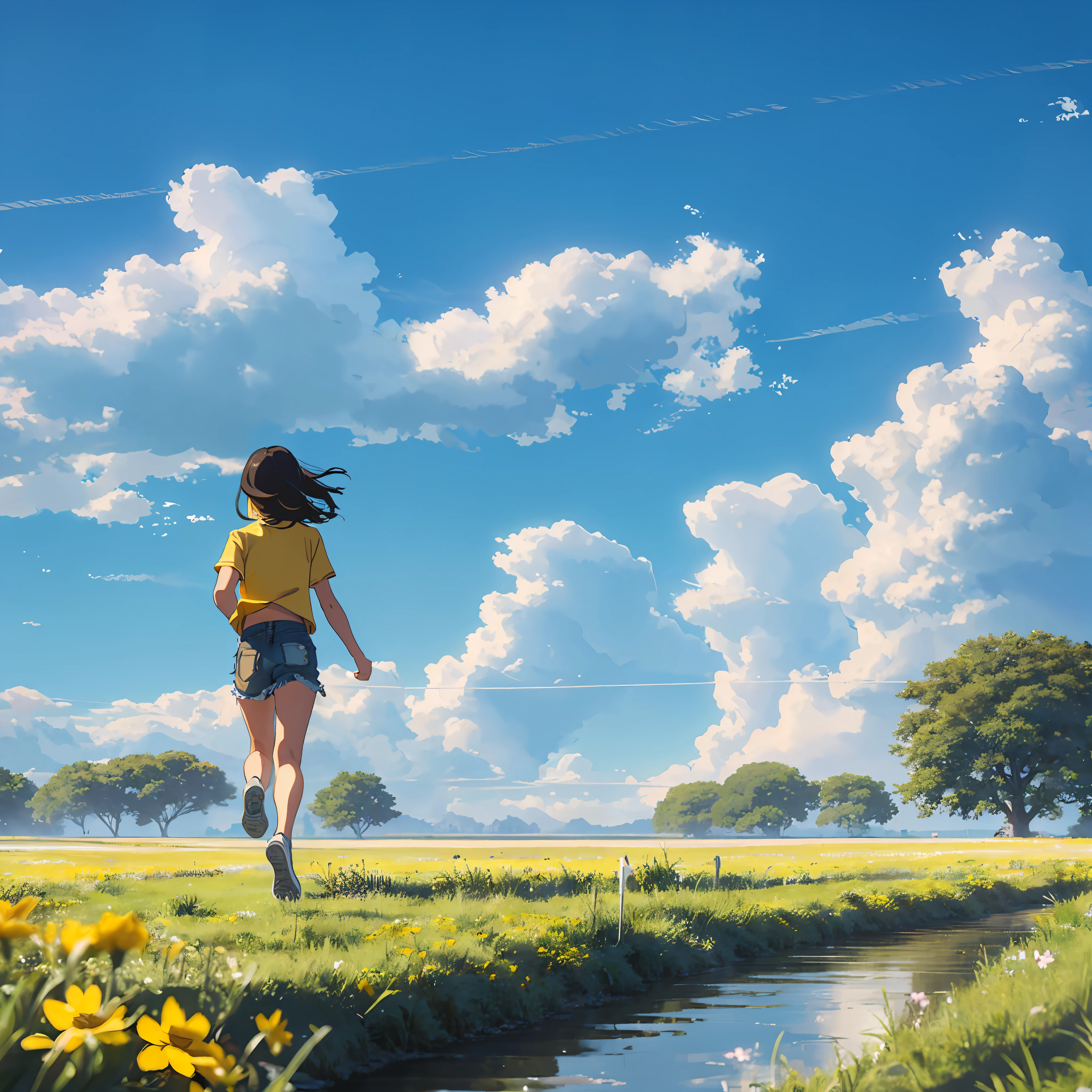 (Best Quality, 8k, 32k, Masterpiece, UHD: 1.2, Ray Tracing: 1.2, Real: 1.2), 1girl, (Side: 1.5), Yellow short sleeves, denim shorts, sneakers, savannah in the background, (Prairie, Long Range, Running in Prairie: 1.5), Blue Sky, White Clouds, Meadow, Small Flower, --auto --s2