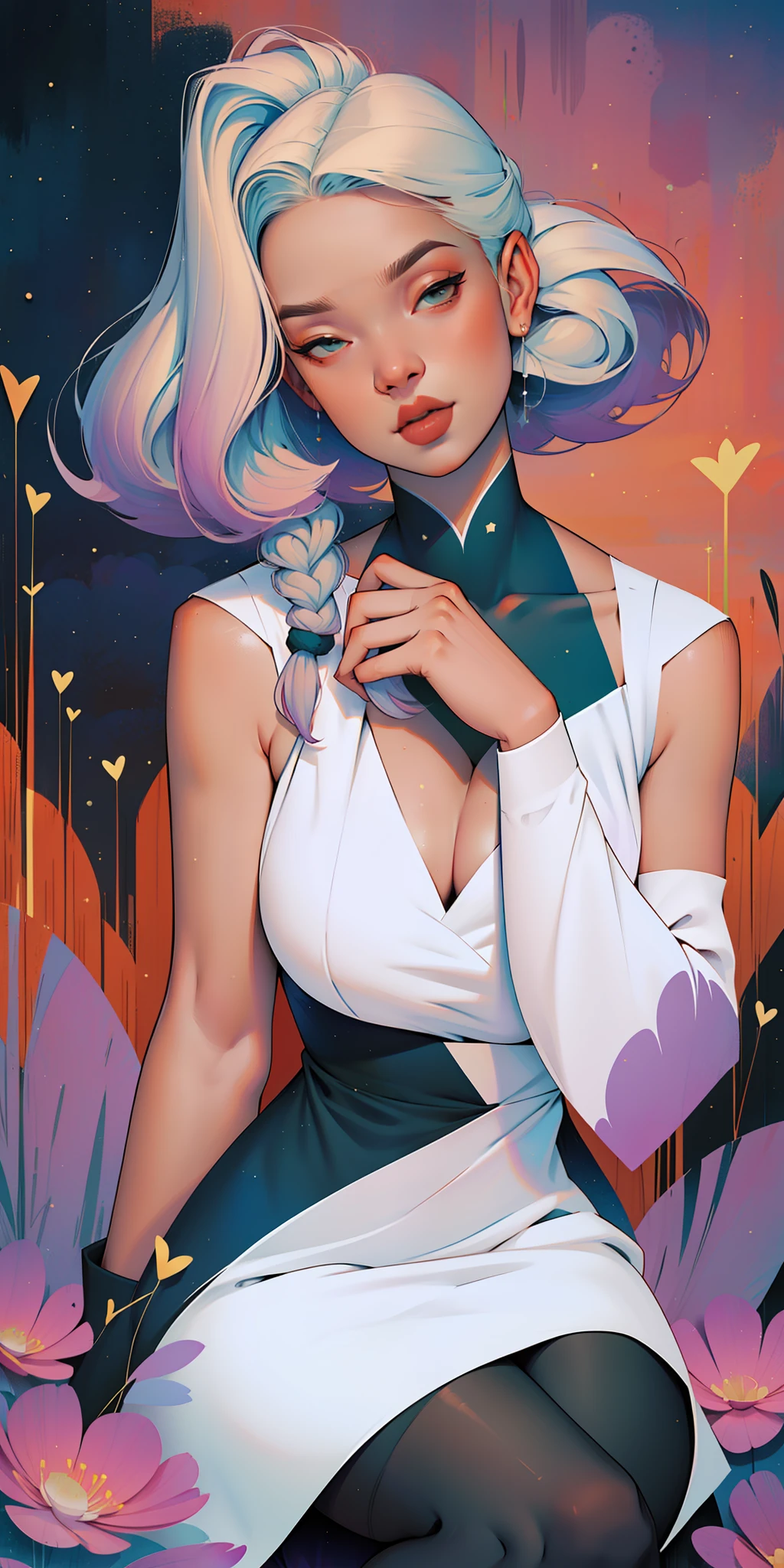 A glorious sunrise,Stars, heart,  Spectrum Rainbow, Background, in chic lavender white mint hair,  pastel, mixed-language_SMS, (beautiful and clear background:1.2),, fantastic paintings , High detail eye lace, Long pigtails, braid,  cosmos, galaxy, Long Hair, cool hairstyle, Plant flora,  Loving, Love, ultra detailed hair, Best Quality, hig quality, high-resolution, detail enhancement, ((most beautiful image in the world)), Masterpiece, Best Quality, High Quality Detail Enhancement, ((most beautiful image ), Shiny hair, ultra chic dress print, Stampa Flores,  tights in a mesh,,  art by stjepan sejic, art by j scott campbell, art by guillem march, art by citemer liu, 4k, high-resolution, comic book character, comic, high quality detailed,   style of ::2.0 comix illustration style,tatoon style, hig quality, high-resolution, detail enhancement, 8K, HD, Best Quality, hig quality, high-resolution, detail enhancement, 8K, HDR, Sharp focus, Ultra Detailed, Perfect lighting, Curvy Body, Lush ???????, Curvy ????, Sits