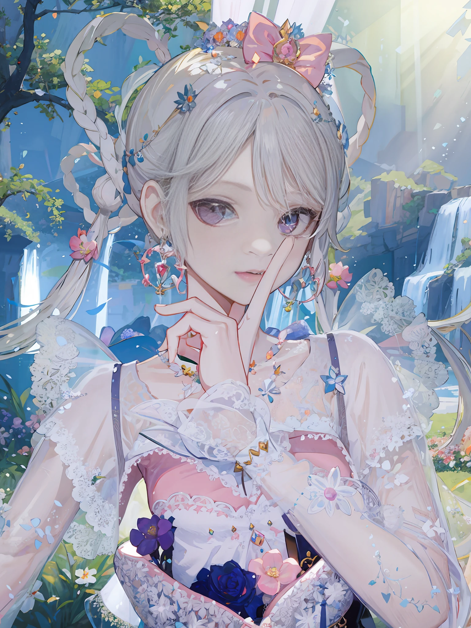 there is a woman with a white dress and a pink dress, loli, 🌺 cgssociety, fairycore, Guwiz, fantasy aesthetic!, ethereal fairytale, SSAO 8 K, 8K)), pale milky white porcelain skin, dreamy and detailed, Inspired by Huang Ji, Ethereal fantasy,