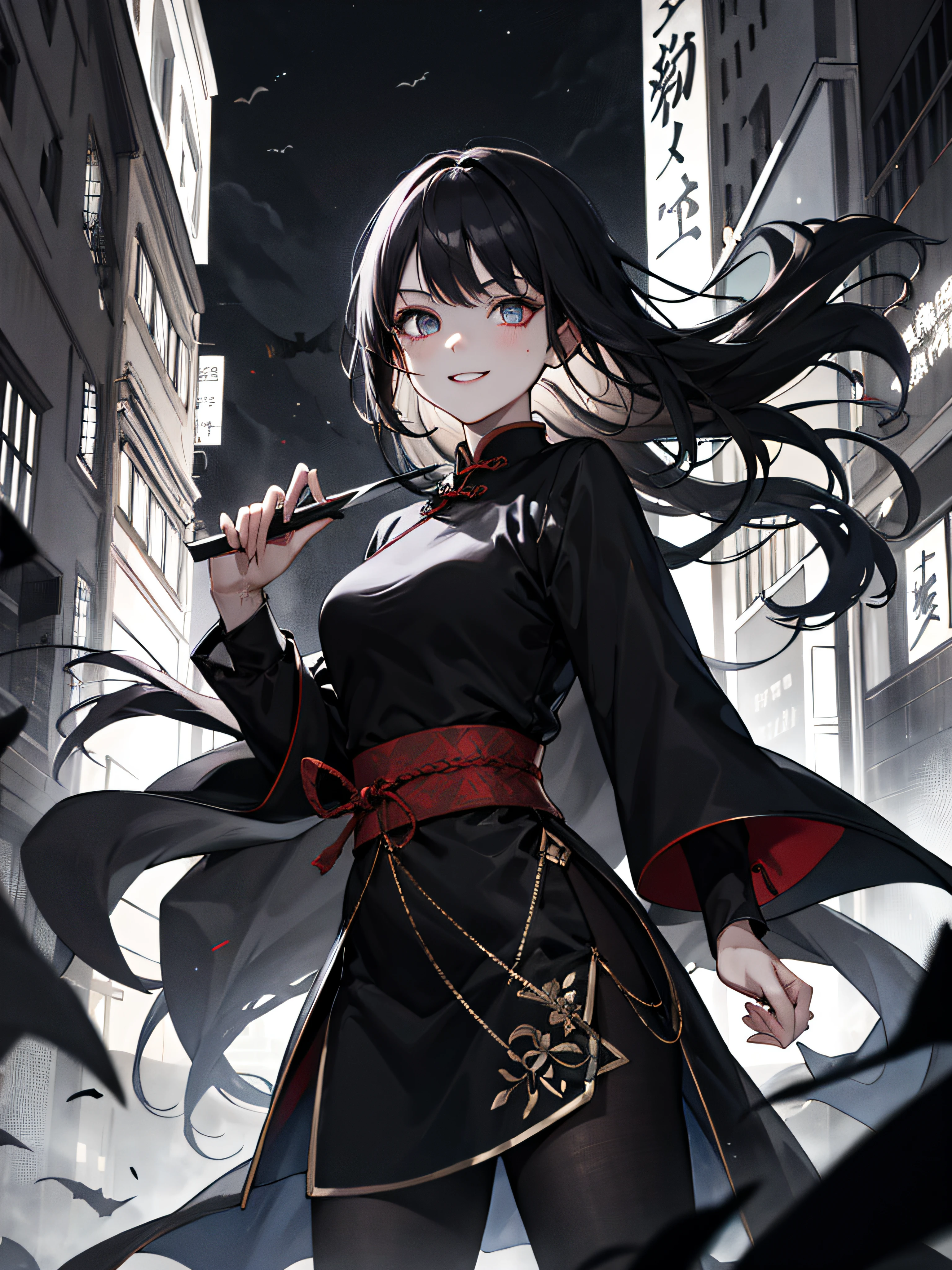 （杰作，best qualitiy，ExquisiteDetail）， 1girls，Spooky smile，nigth，Opposite camera，Dagger in hand，Late night street in the background，Black crowd，，heavy wind，eerie atmosphere，Creeps，Frightened crowds，Chinese wind，Chine、masked。assassin