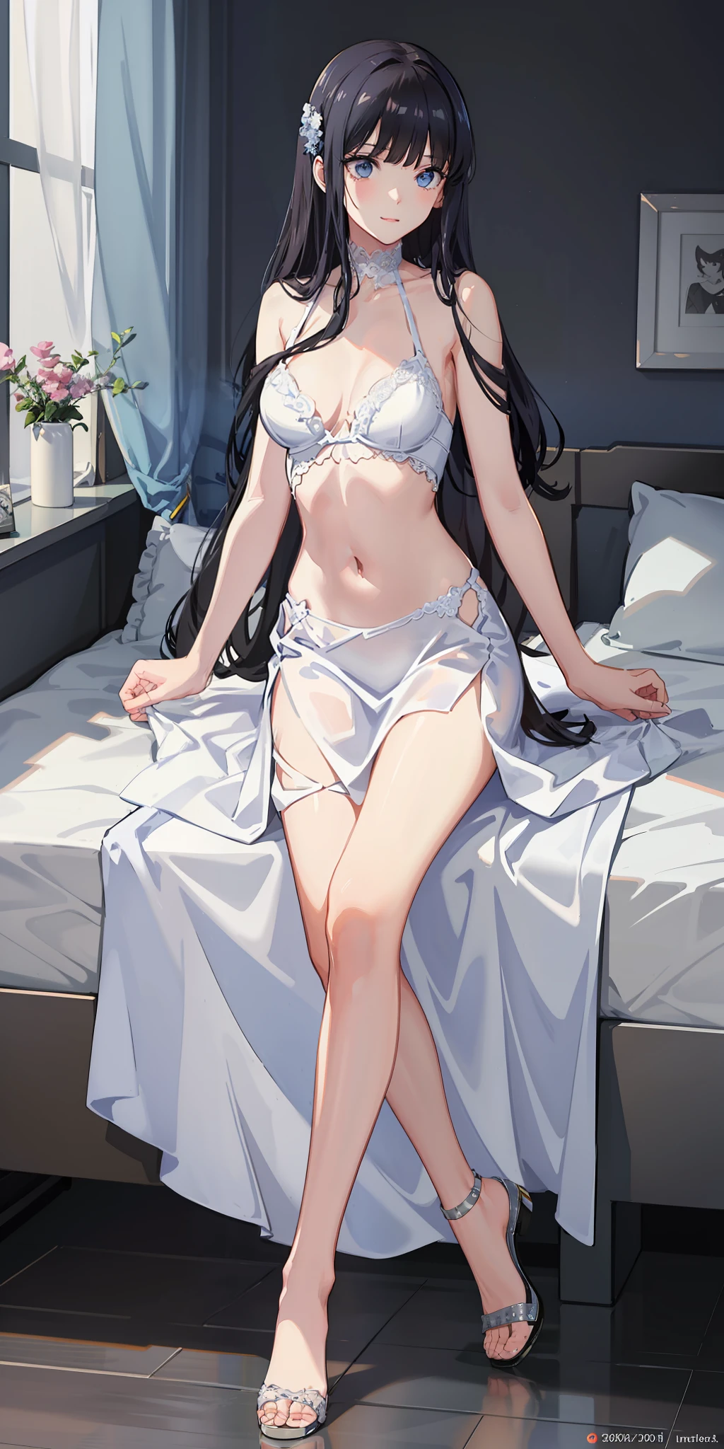 masterpiece, best quality, ultra-detailed, illustration,1girl,
long hair, black hair, 
medium breast,  white gown, slim legs, navel, nervous, bedroom