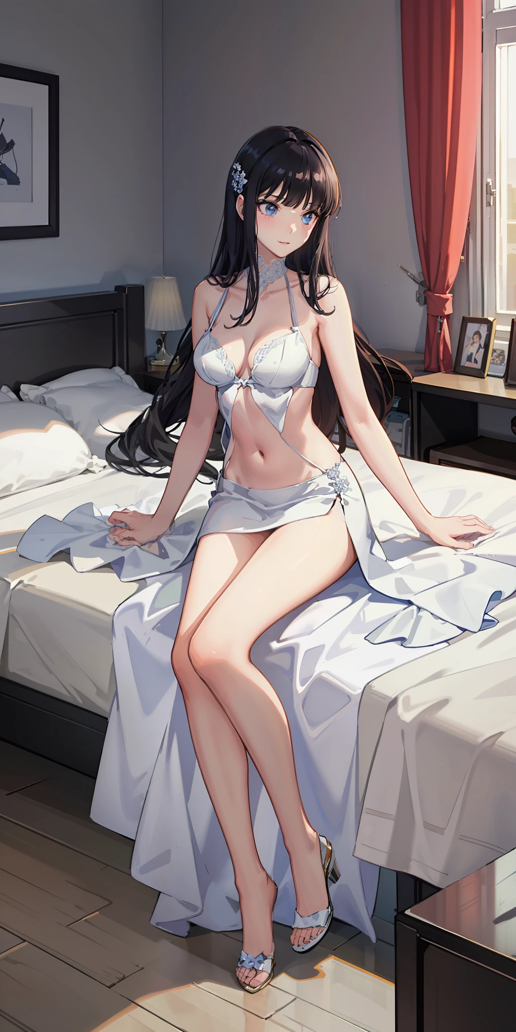 masterpiece, best quality, ultra-detailed, illustration,1girl,
long hair, black hair,
medium breast, white gown, slim legs, navel, nervous, bedroom