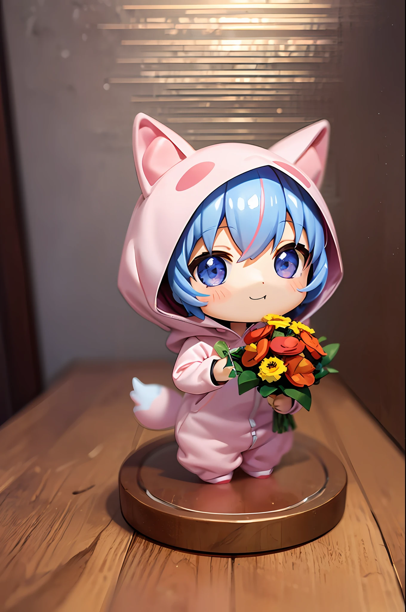 (Chibi: 1.3), happy, (holding a bouquet), full body, (Kigurumi), indoors, on the table, (Nendoroid:1.1),
