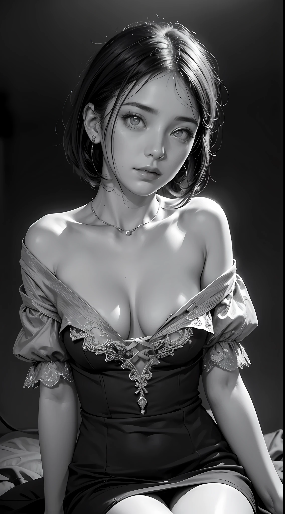 Monochrome tone、High detail、Edge Detection、Sharpness、High Contrast、highlight、Bunched hair、A beautiful young girl、Small face、Small face、cleavage of the breast、Off-the-shoulder dresses、Simple Dresses、Landless、Pitch Black Darkness、Inorganic、rim-light、Cinematic light、Ultra Wide Angle、