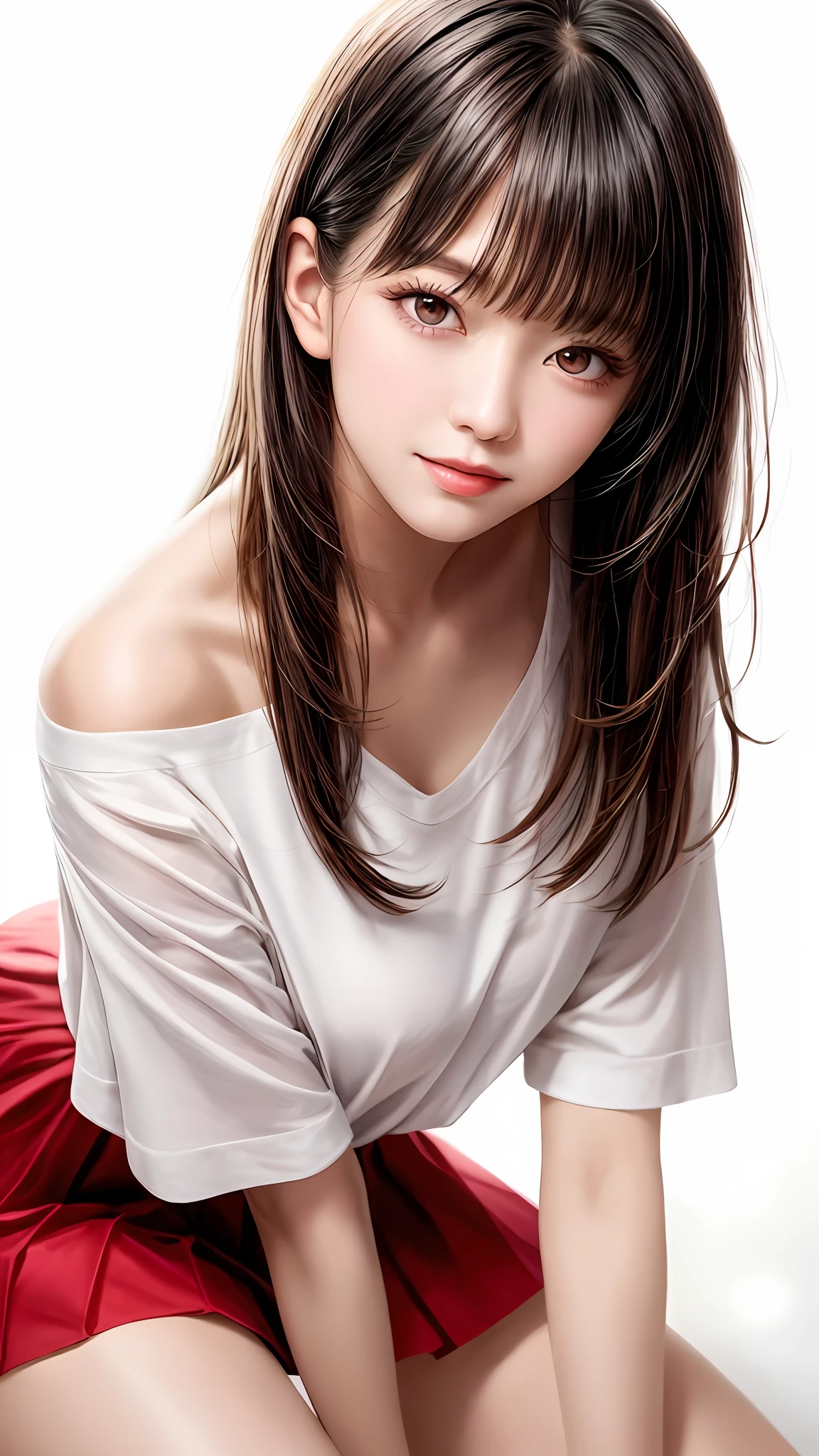 Pee (incontinence: 1.47), fashion trendy beautiful and attractive woman, gentle and attractive Chinese beautiful woman, Korean (kpop idol), delicate and sexy collarbone, attractive oval face, double eyelids, smart [peach] flower eyes, pink lips, small nose, bare shoulders, focus on face, [[face close-up], ultra high definition, super detail, White off-shoulder lace shirt, (((white lace panties), fresh and impressive, natural (large: 1.25), (kneel on the ground), (legs wide open), (legs spread), (from a low angle), (upright 1.5), (shiny skin: 1.4), (low angle)), perfect figure, areola, cleavage, armpit wrinkles, (floor urine)), (NSFW: 1.05), ( Showpiece, top quality, high precision)), one girl, (big, photorealistic: 1.4), (slightly above the camera, looking up at the camera, looking up, looking up at the camera, staring at the camera))), solo, solo, white background, snow-white background, mouth closed, happy smile, pretty black hair, short hair, big eyes, pronounced double eyelids, eyelashes, ears out, long neck, long neck, Absolute area, ((close-up of face, short hair with bangs)), 19 years old, attractive proportions, shiny skin, clean collarbone, golden ratio face, perfect face, teardrop mole, chest mole, bangs, clean bangs, beautiful bangs, lip gloss, thin lips, white skin, undressed, big breasts, small face, staring at the camera a little upwards, ((smiling a little at the camera, really nothing pure white background, very big, big big, big breasts)), ((((uniform, shirt))))